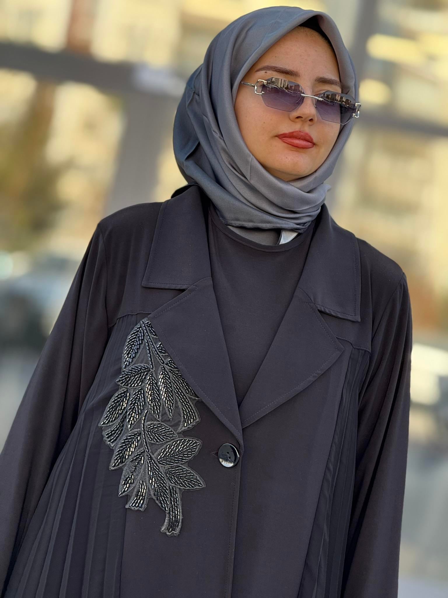 Şifon Detaylı Abaya Ceketli Elbise Takım Siyah OTW2019