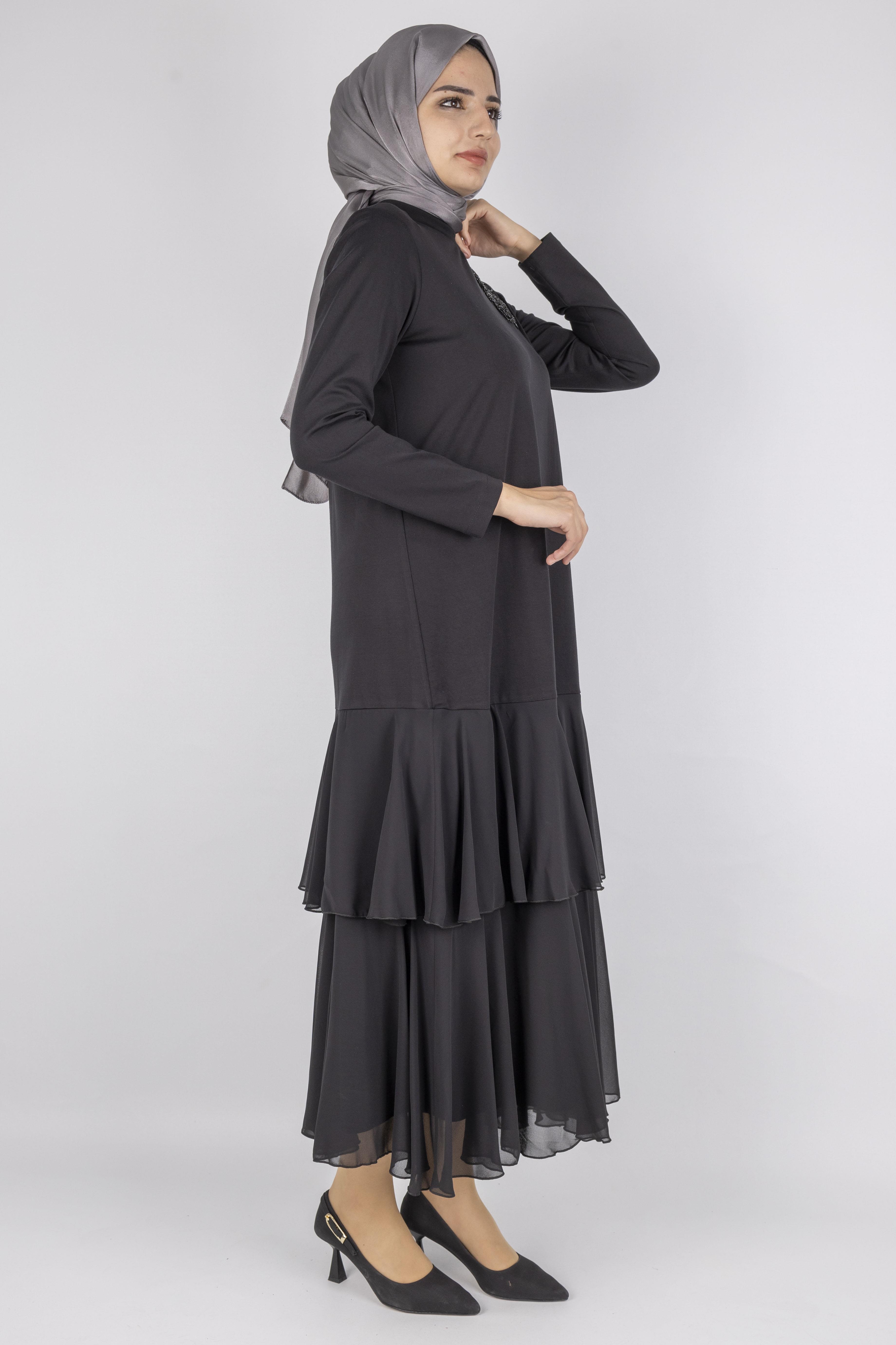 Şifon Katlı Omuz Taşlı Çelik Örme Uzun Elbise Siyah OTW25170