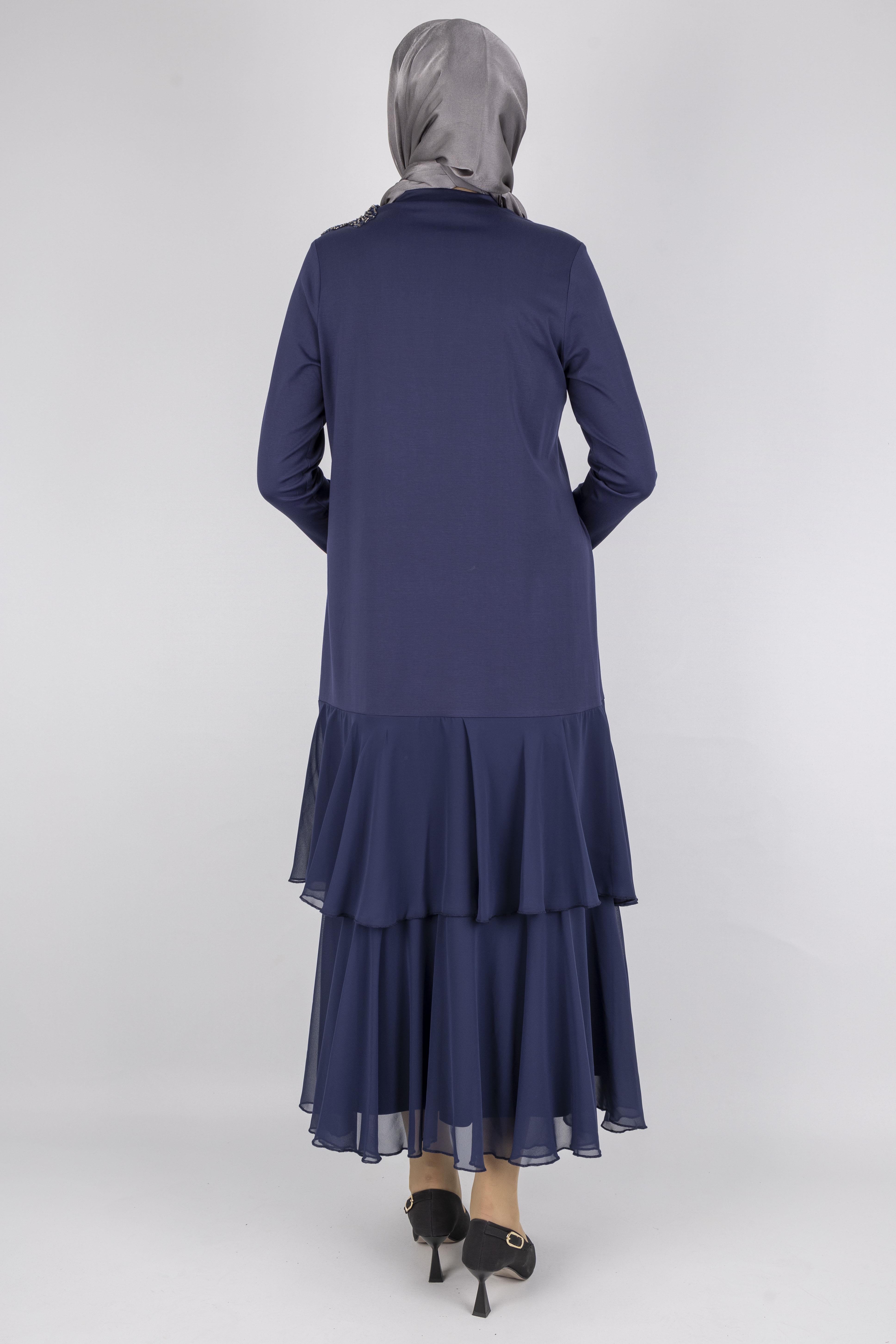 Şifon Katlı Omuz Taşlı Çelik Örme Uzun Elbise Lacivert OTW25170