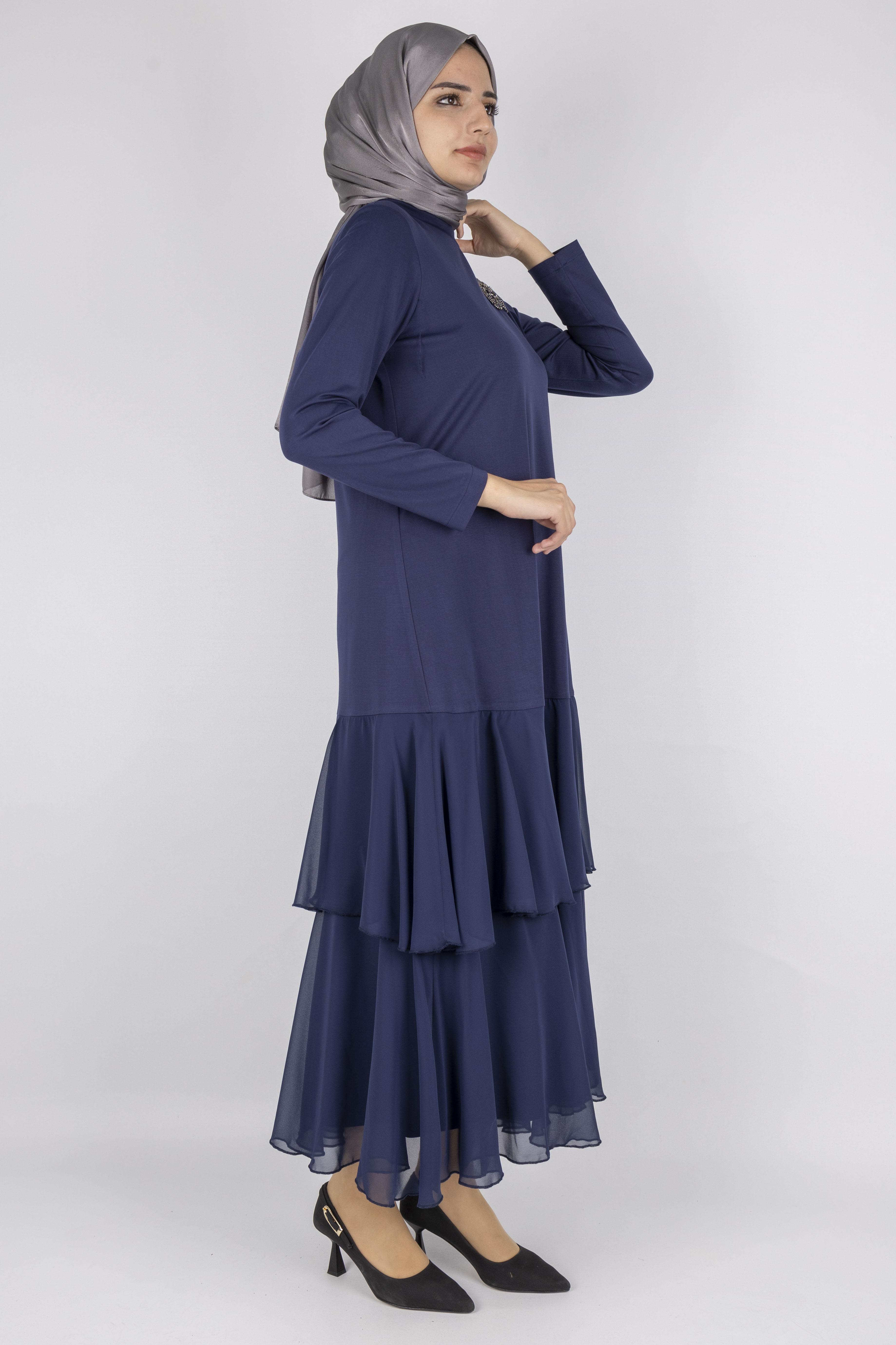 Şifon Katlı Omuz Taşlı Çelik Örme Uzun Elbise Lacivert OTW25170