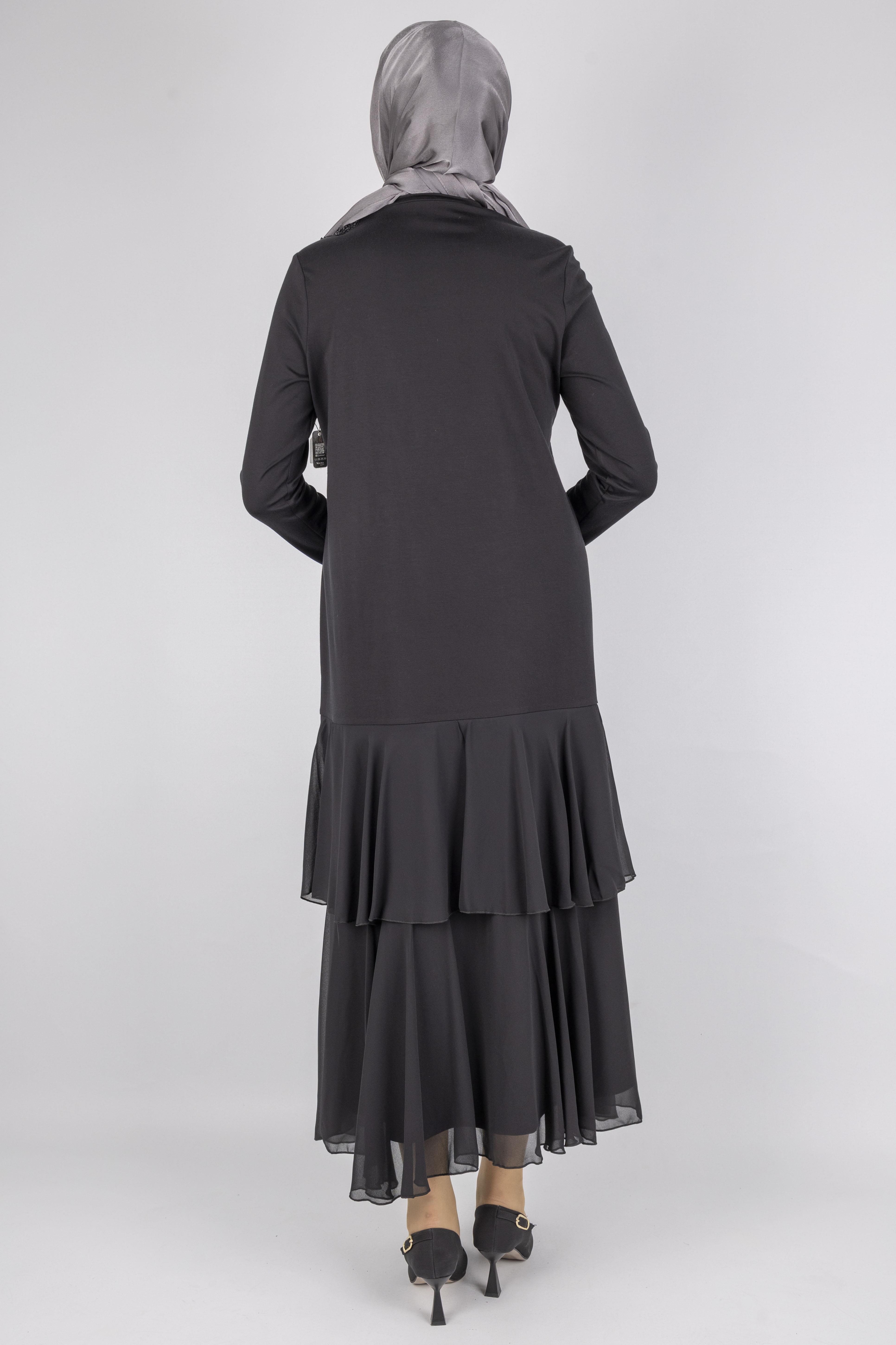 Şifon Katlı Omuz Taşlı Çelik Örme Uzun Elbise Siyah OTW25170