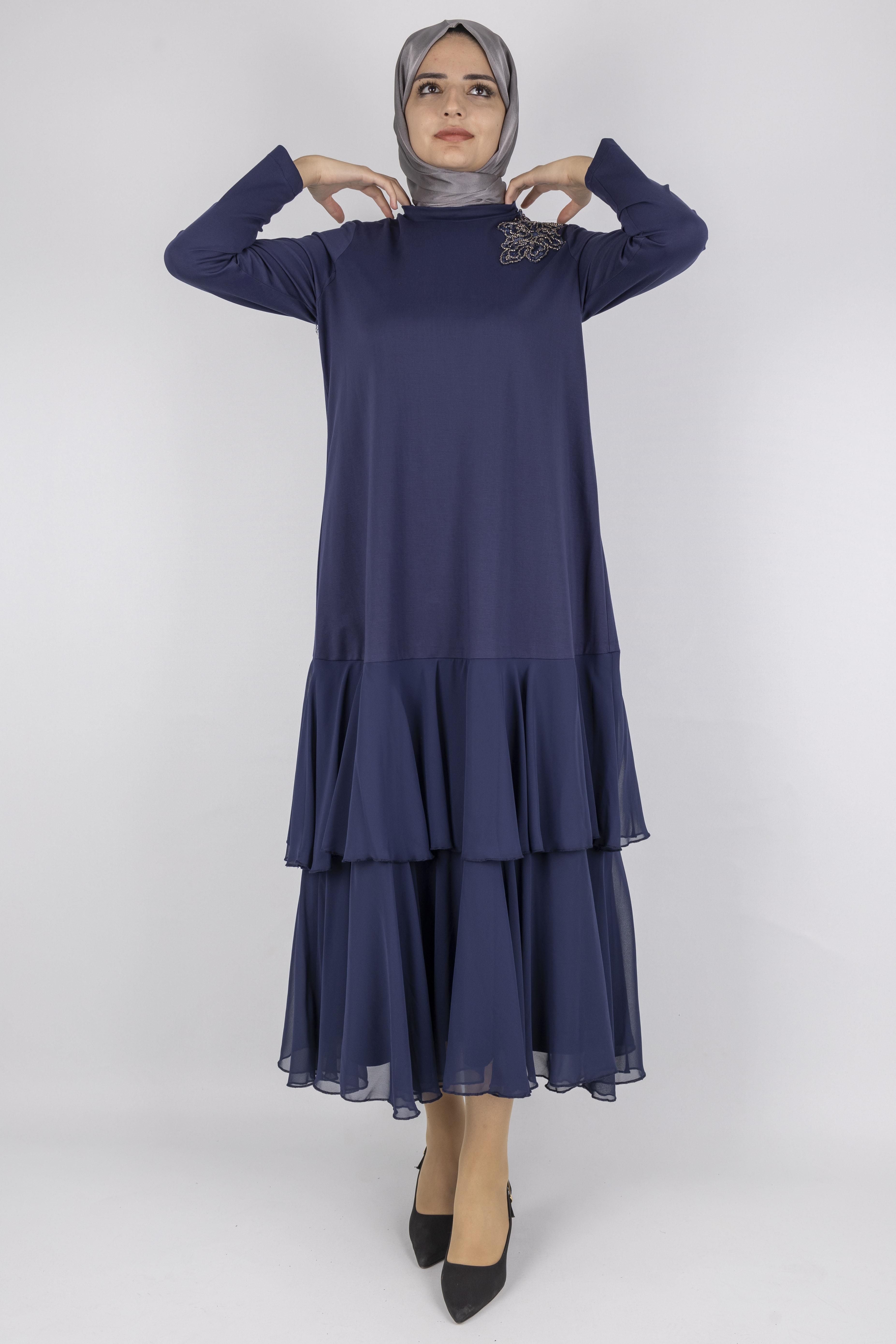 Şifon Katlı Omuz Taşlı Çelik Örme Uzun Elbise Lacivert OTW25170