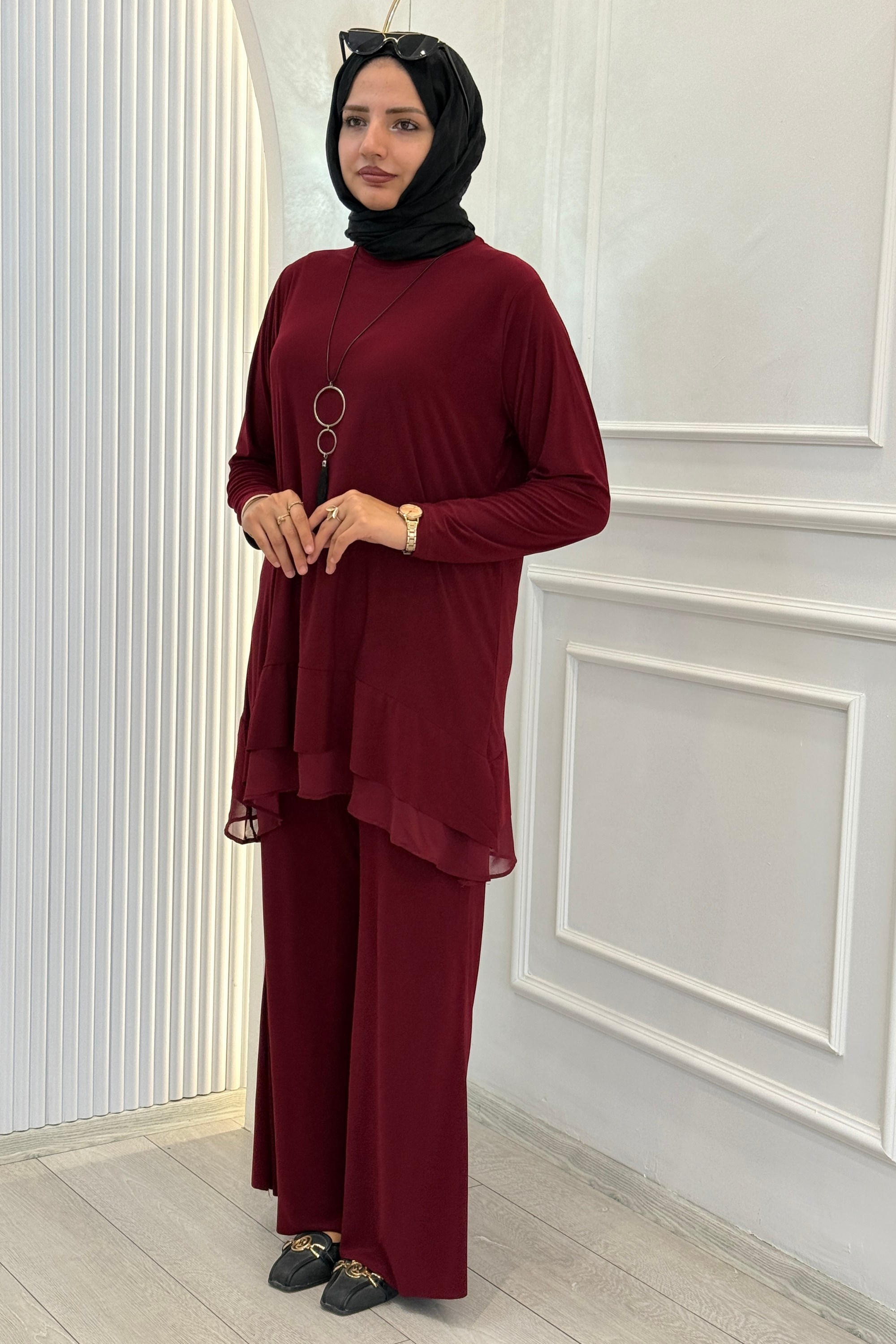 Şifon Katlı Sandy Pantolonlu Takım Bordo OTW4211