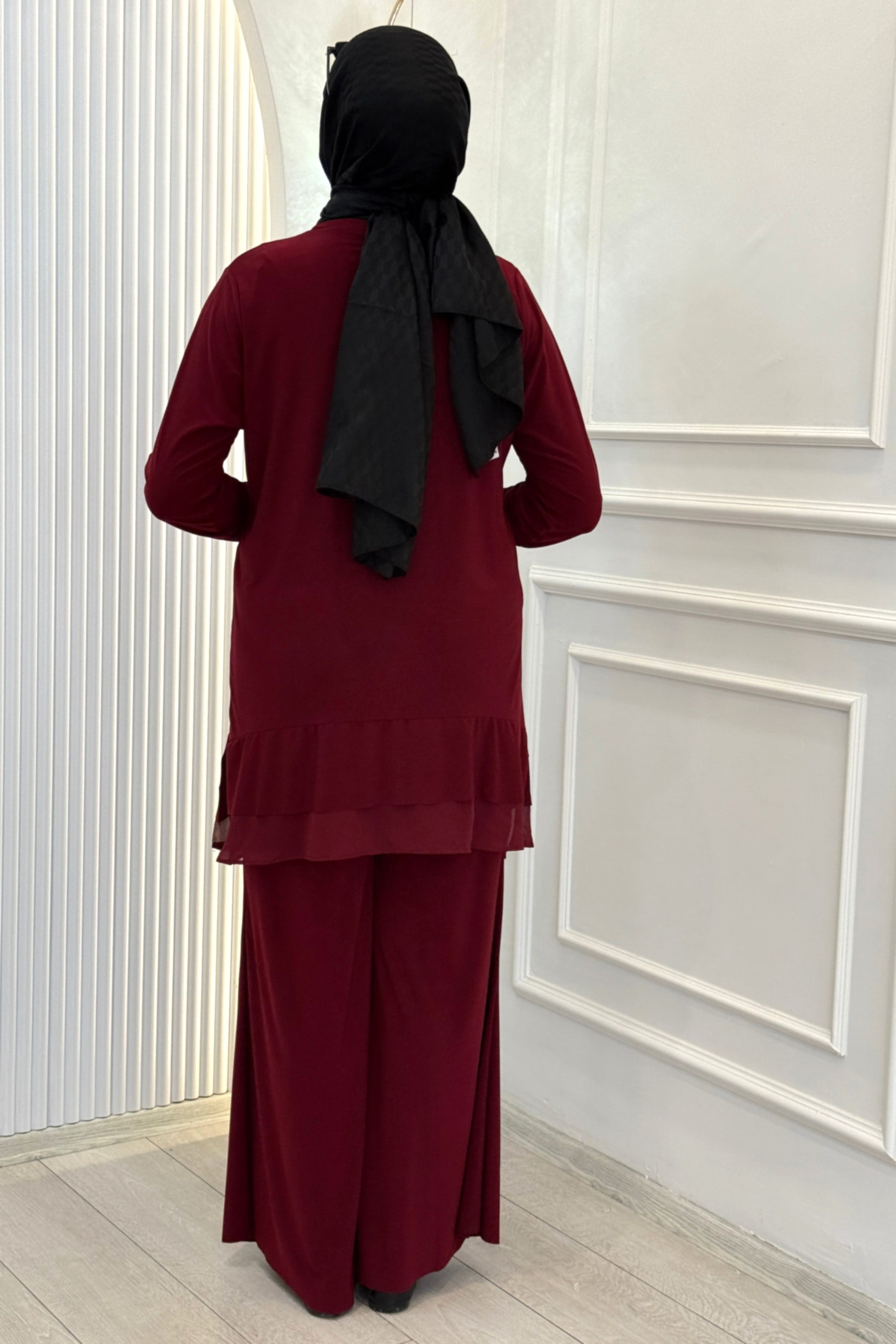 Şifon Katlı Sandy Pantolonlu Takım Bordo OTW4211