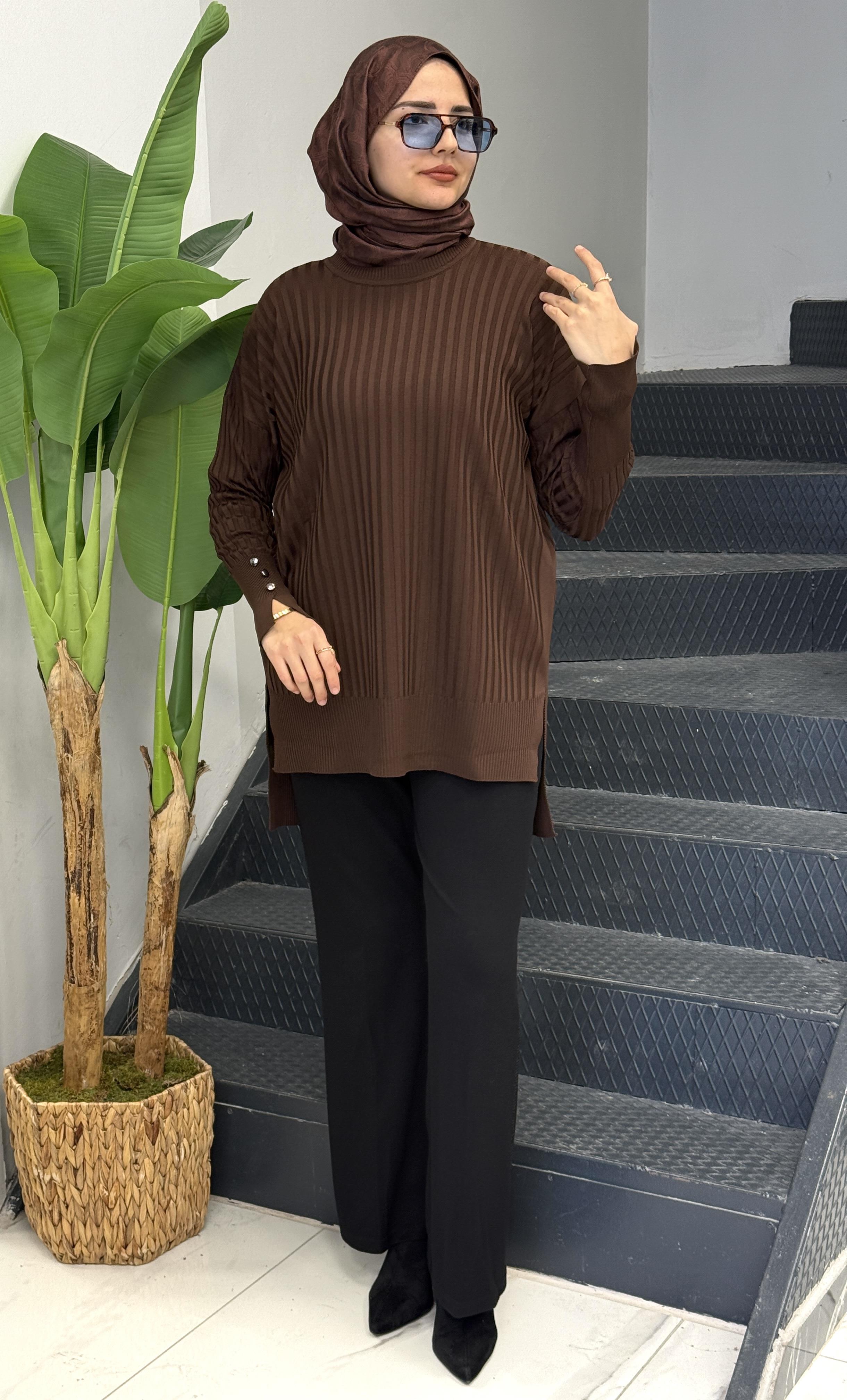 Şık Düğme Detaylı Merserize Tunik Acı Kahve OTW1009