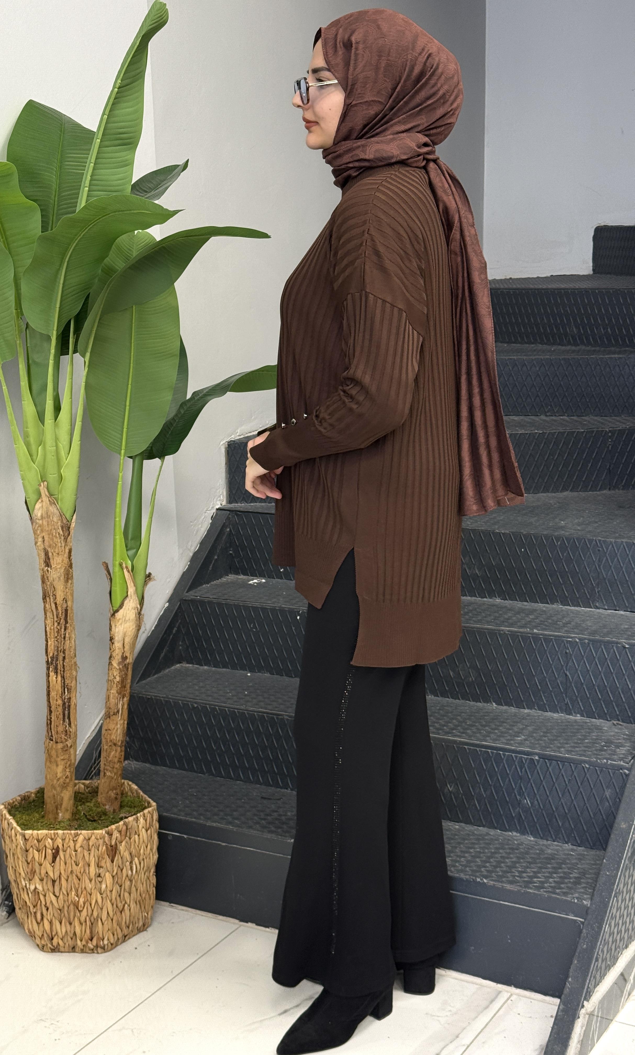 Şık Düğme Detaylı Merserize Tunik Acı Kahve OTW1009