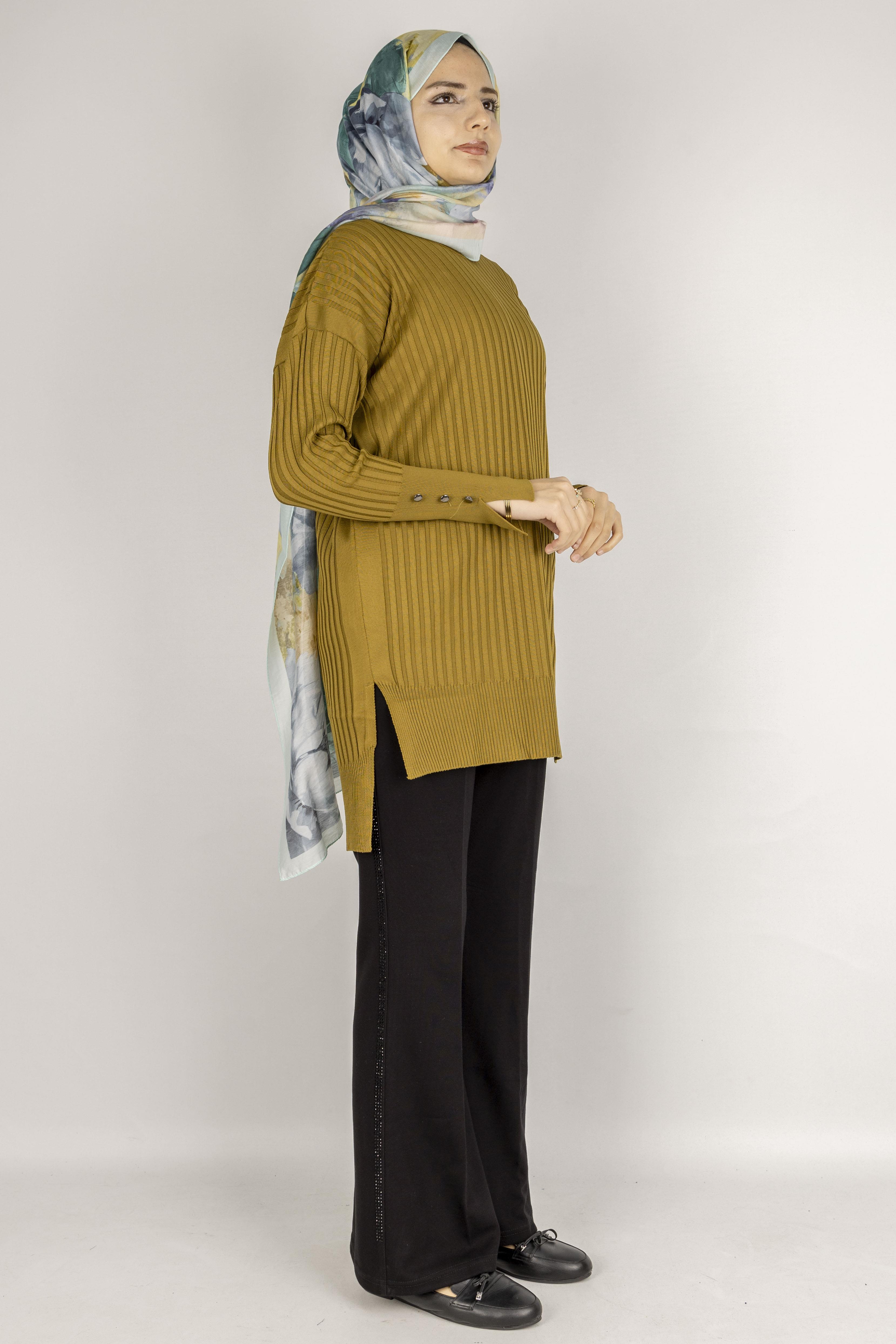 Şık Düğme Detaylı Merserize Tunik Hardal OTW1009