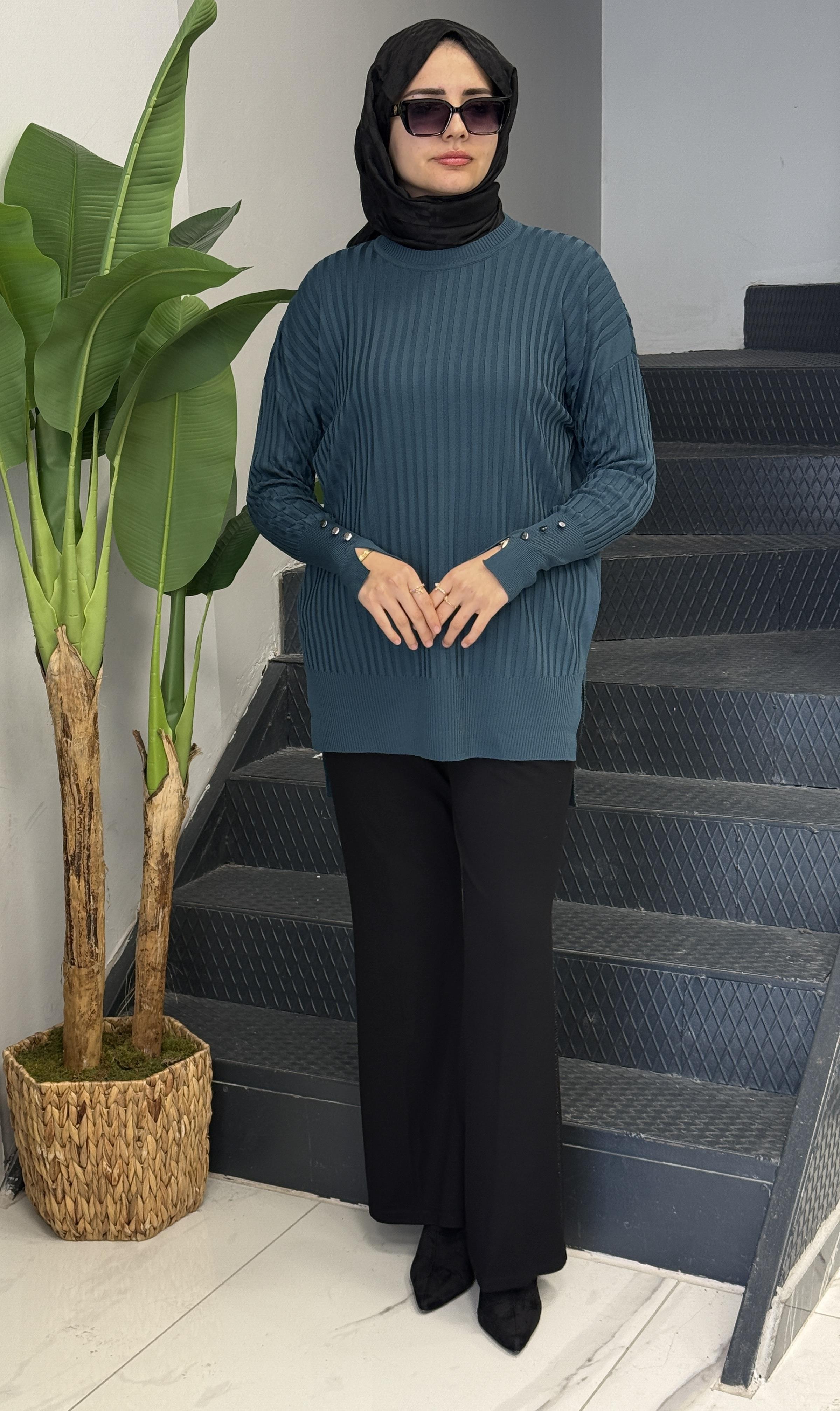 Şık Düğme Detaylı Merserize Tunik Nefti OTW1009