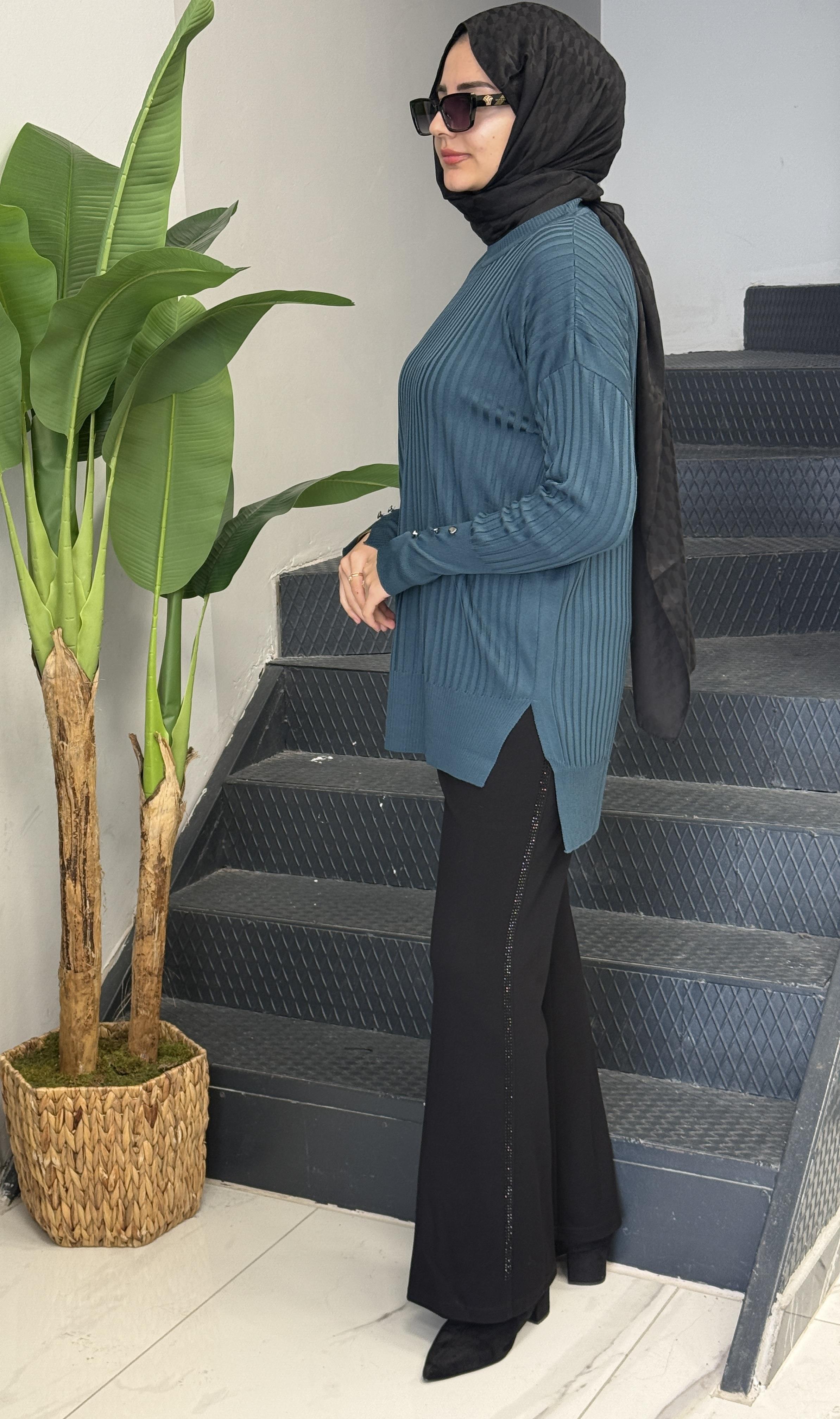 Şık Düğme Detaylı Merserize Tunik Nefti OTW1009