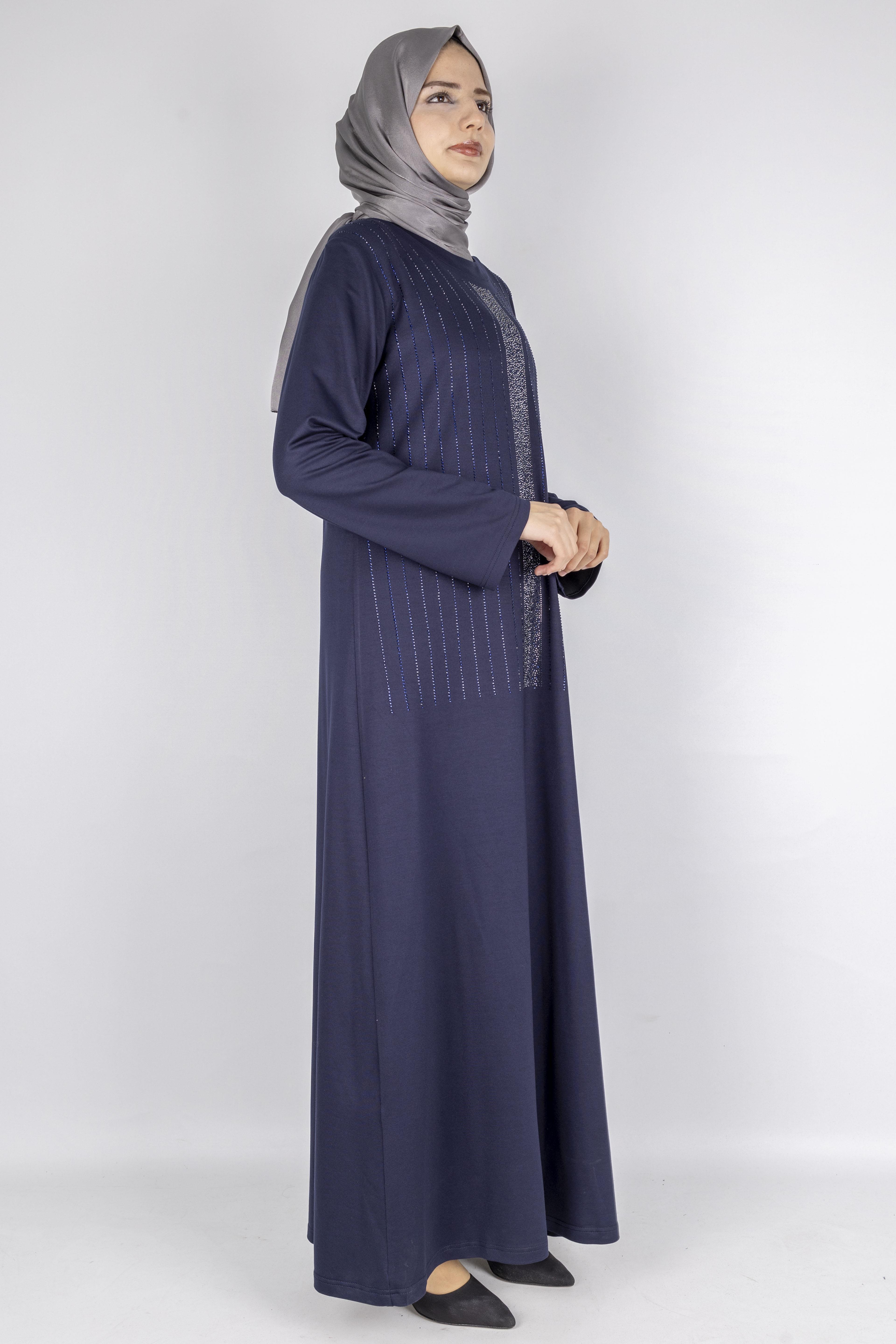 Sim Taş İşlemeli Büyük Beden Penye Elbise Lacivert OTW2111
