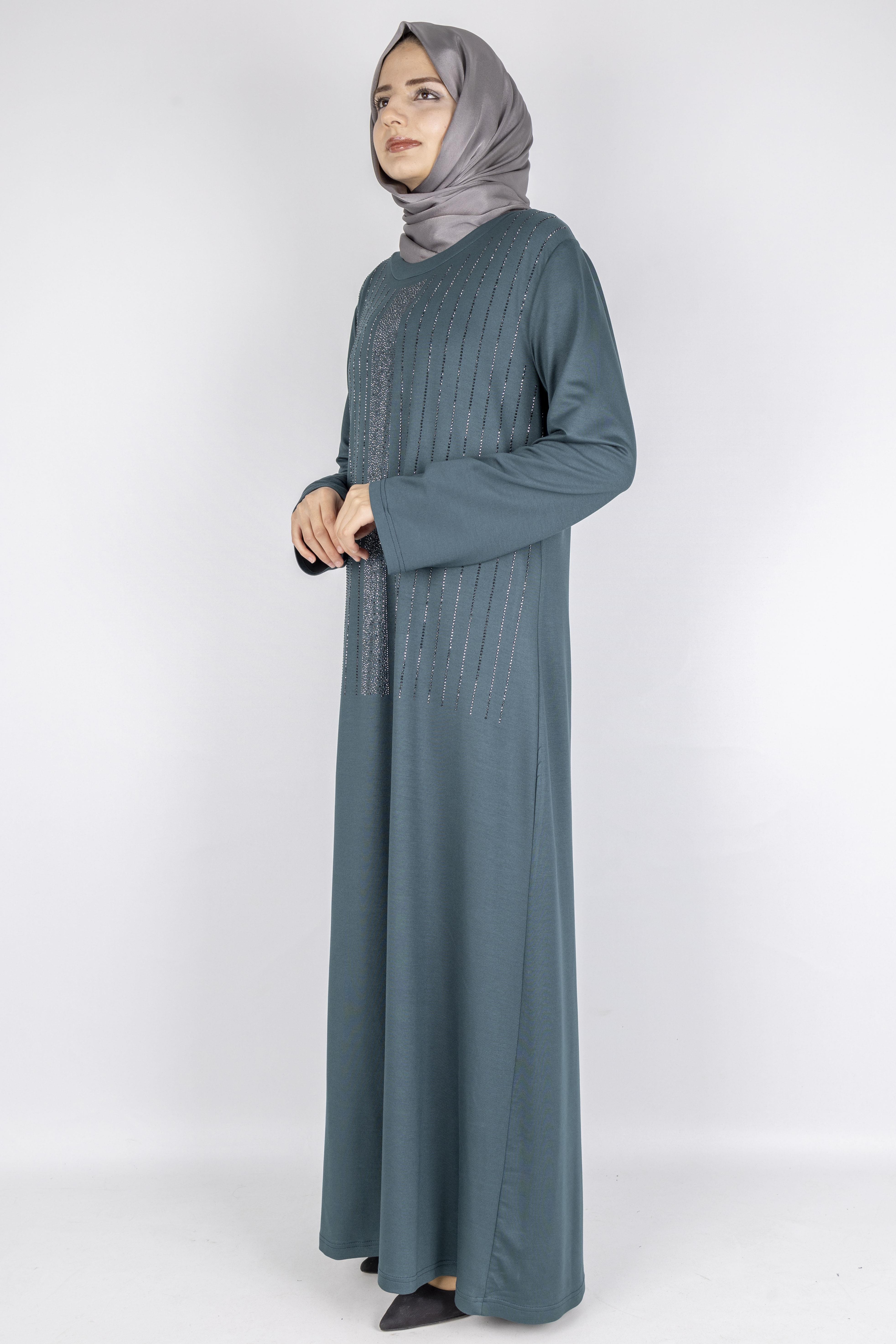 Sim Taş İşlemeli Büyük Beden Penye Elbise Yeşil OTW2111