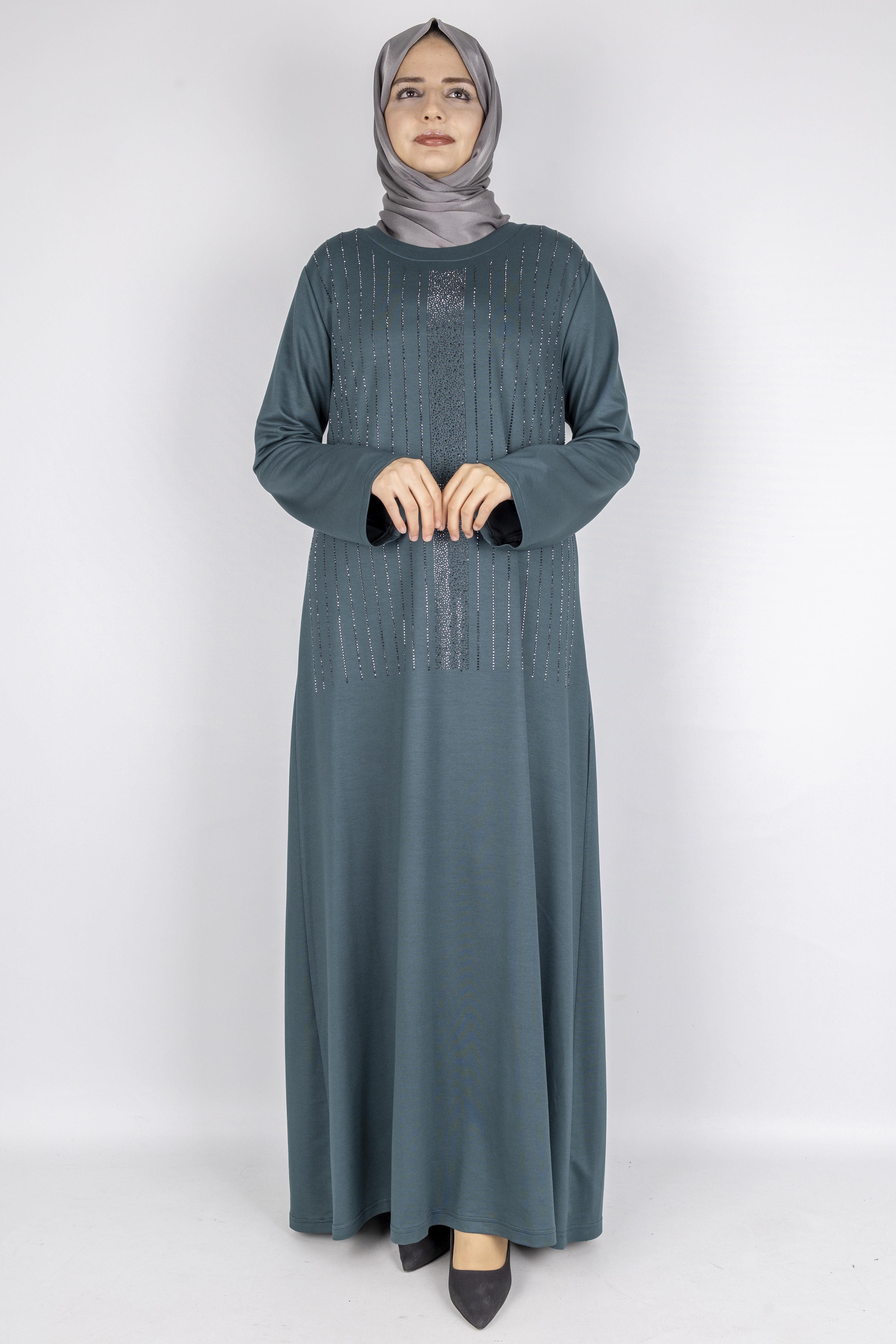 Sim Taş İşlemeli Büyük Beden Penye Elbise Yeşil OTW2111