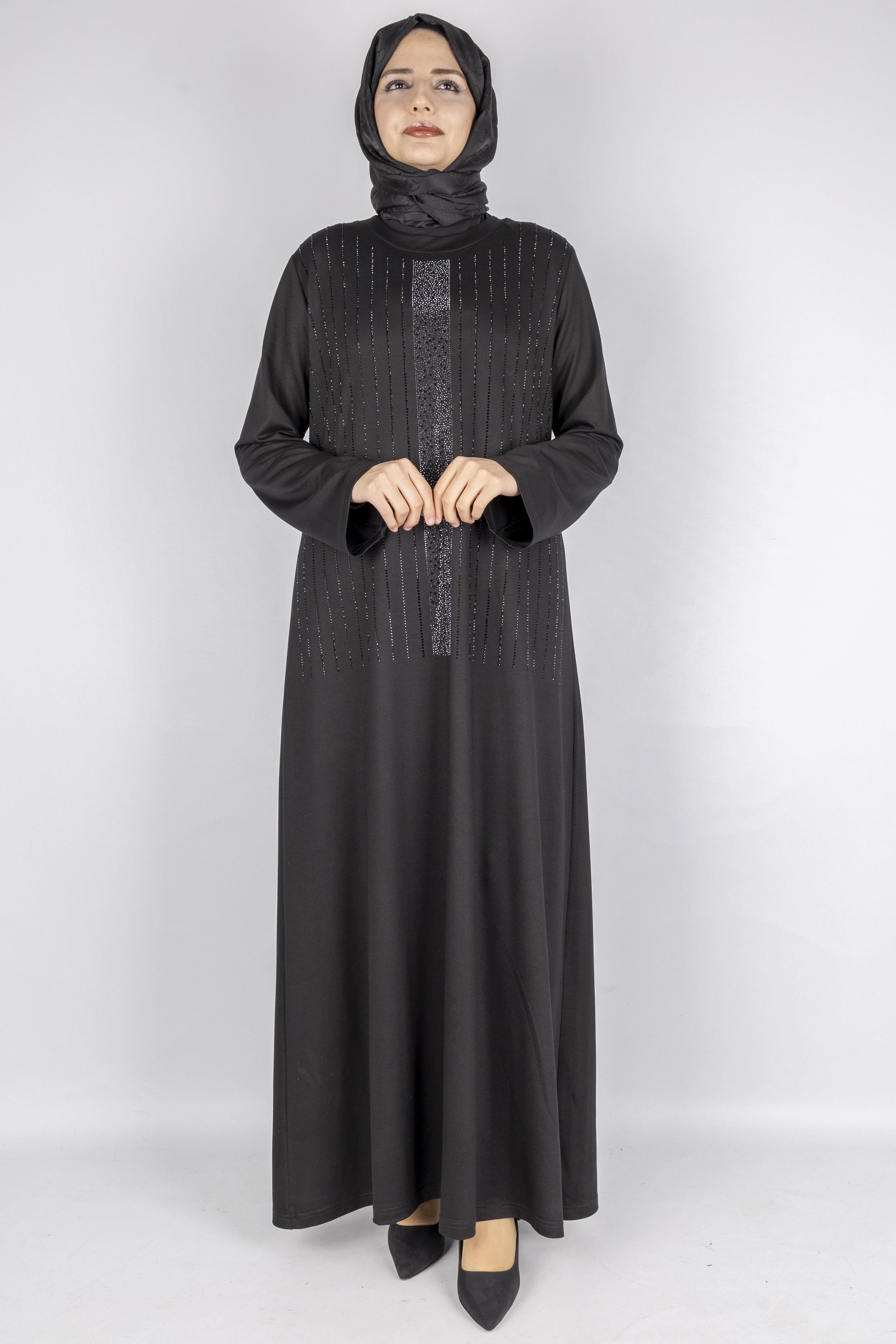 Sim Taş İşlemeli Büyük Beden Penye Elbise Siyah OTW2111