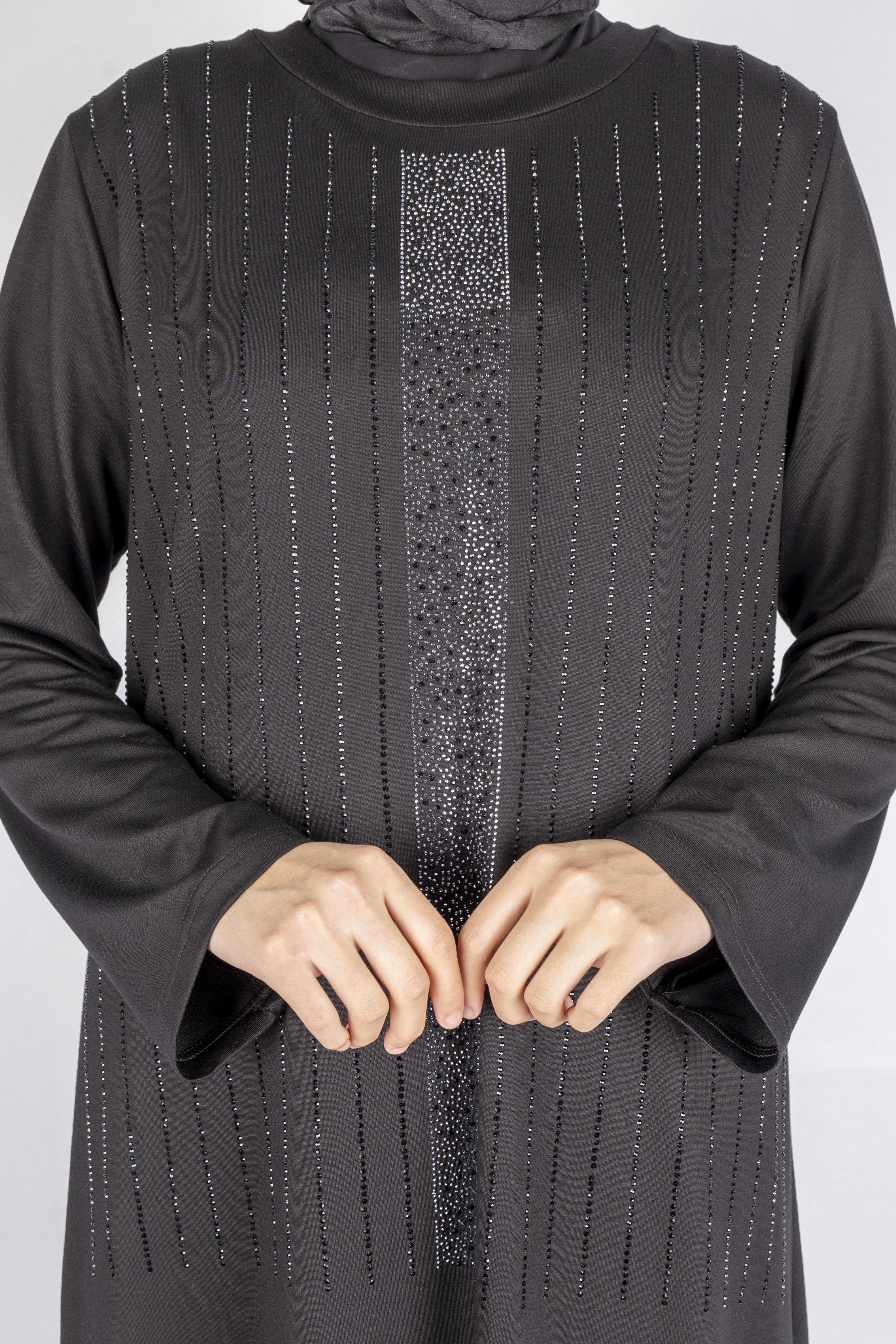 Sim Taş İşlemeli Büyük Beden Penye Elbise Siyah OTW2111