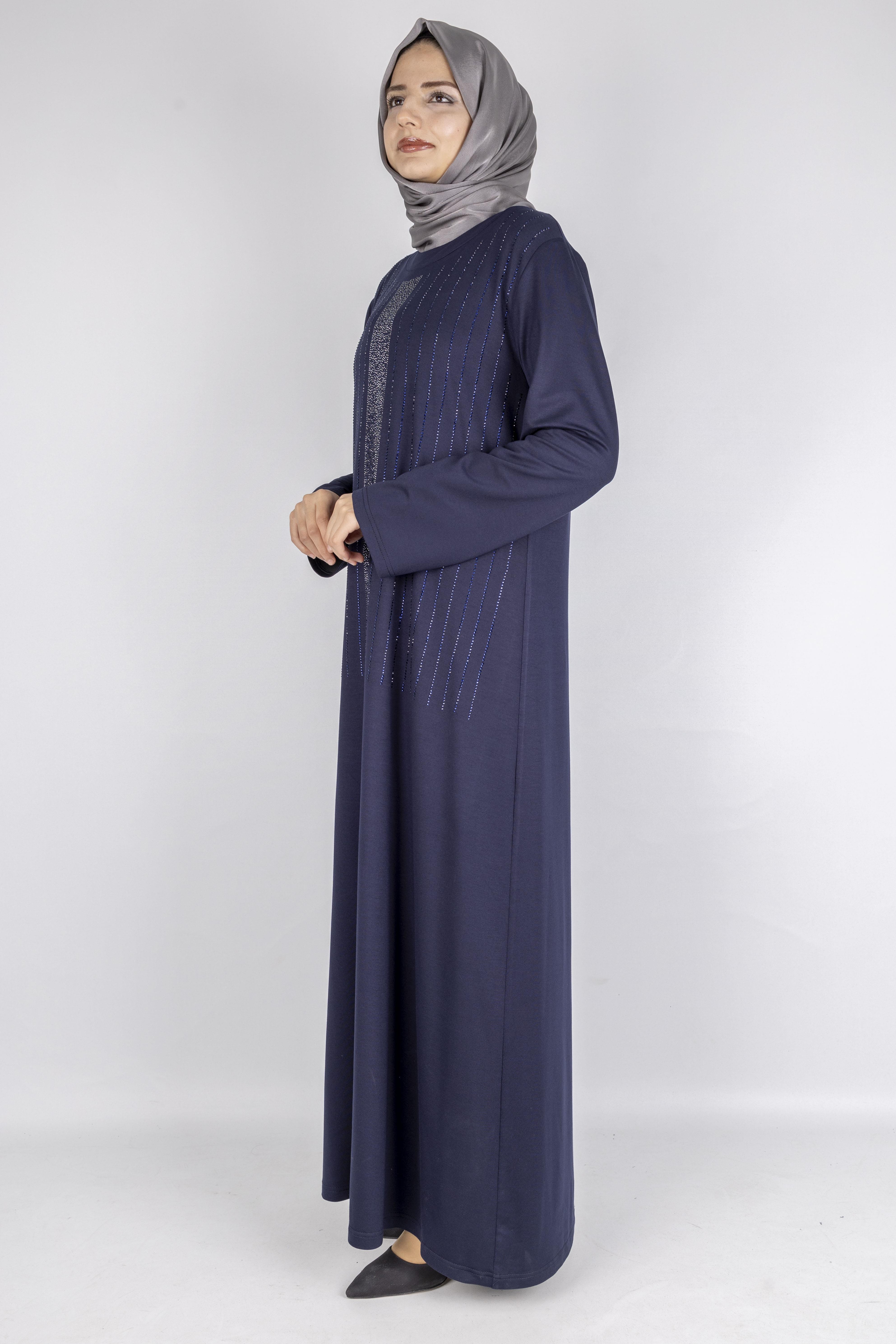 Sim Taş İşlemeli Büyük Beden Penye Elbise Lacivert OTW2111