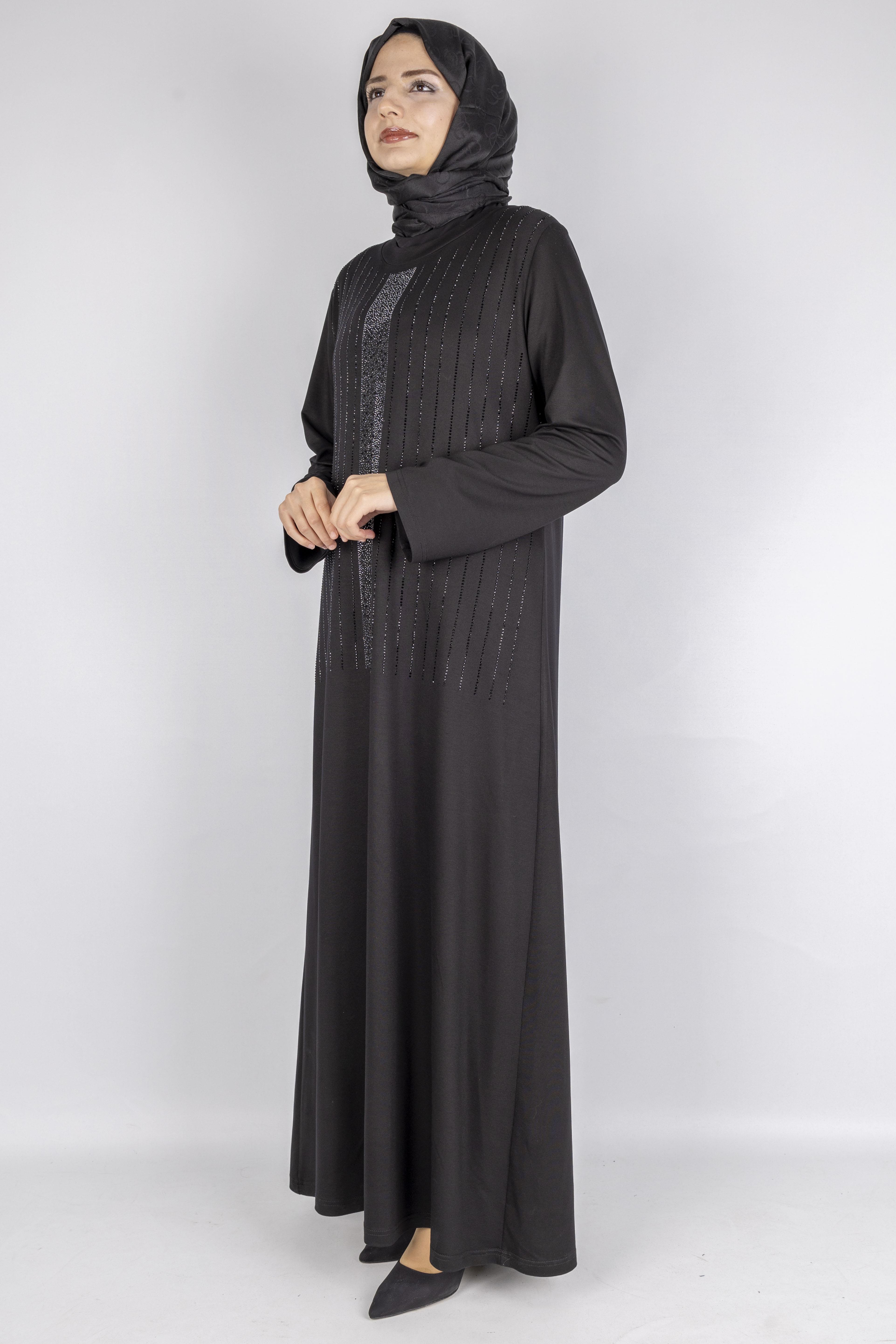 Sim Taş İşlemeli Büyük Beden Penye Elbise Siyah OTW2111