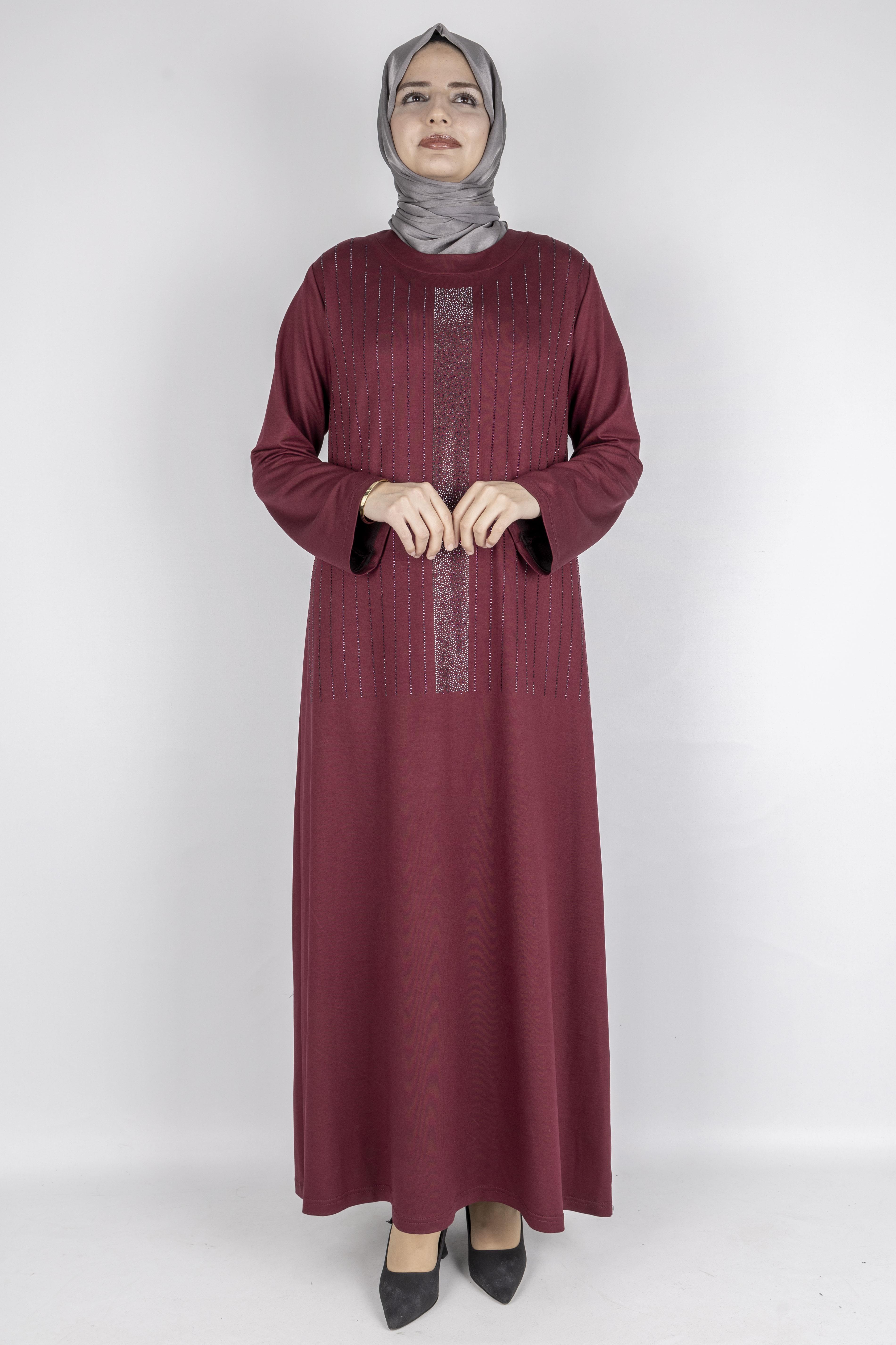 Sim Taş İşlemeli Büyük Beden Penye Elbise Bordo OTW2111