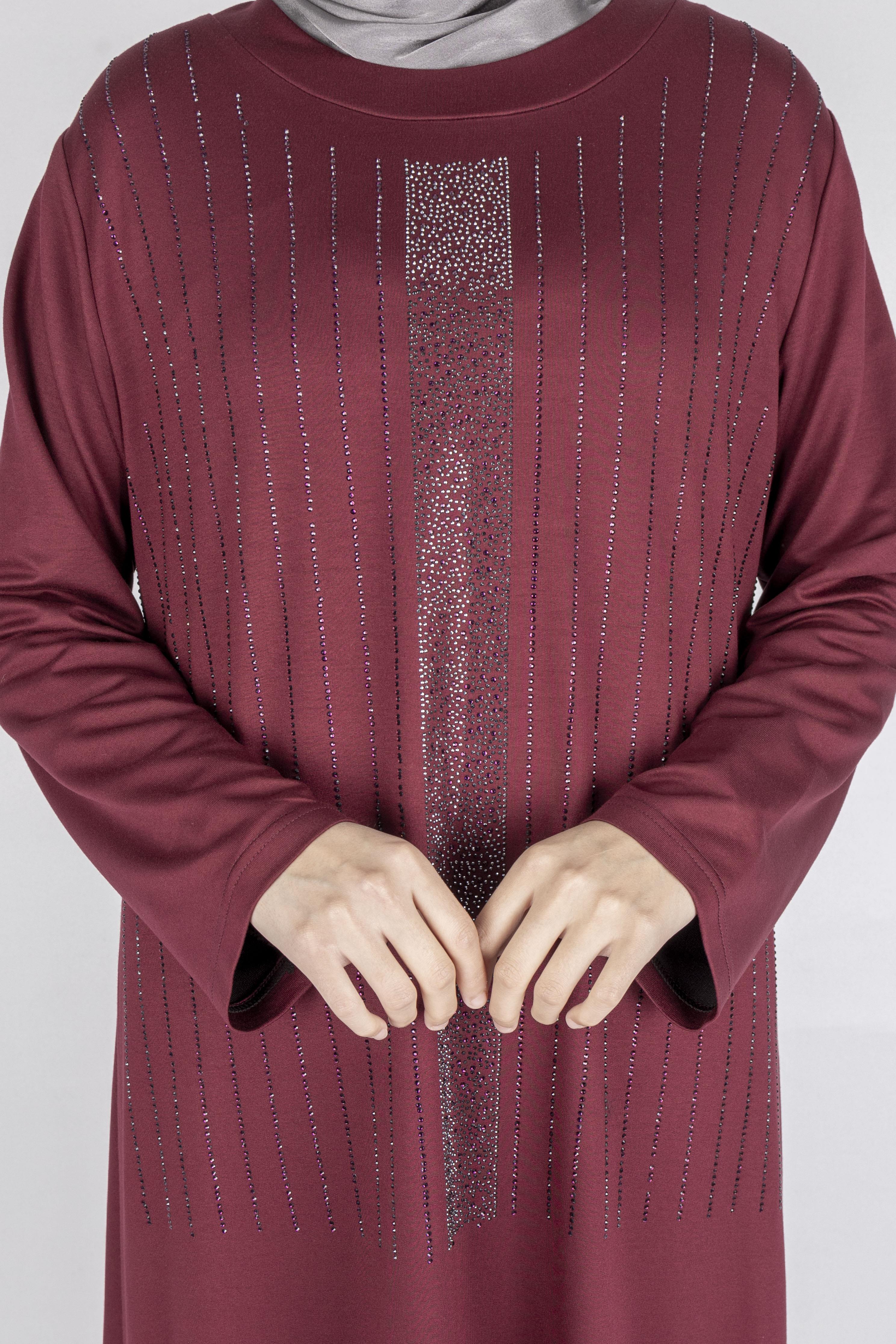 Sim Taş İşlemeli Büyük Beden Penye Elbise Bordo OTW2111