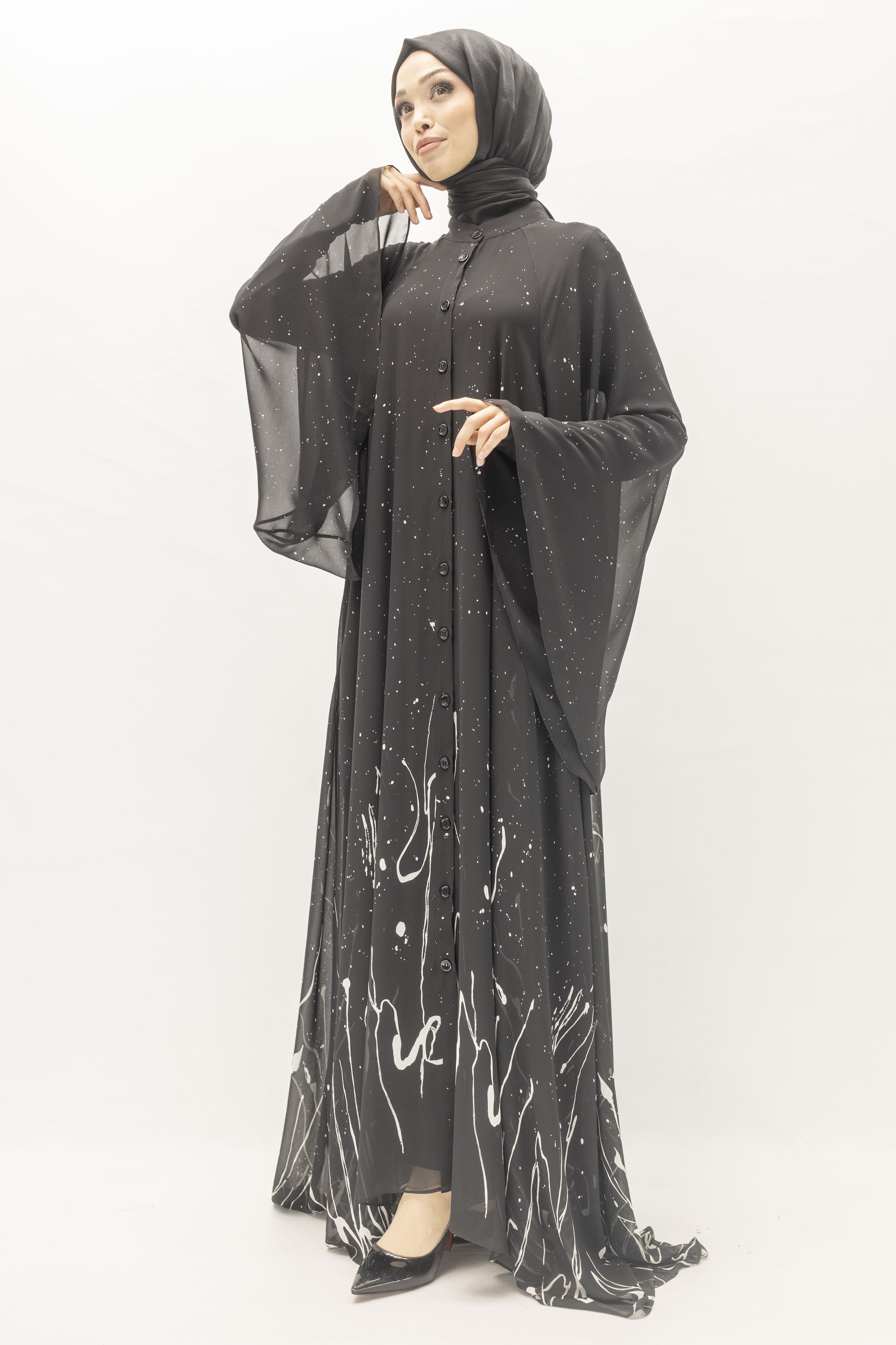 Siyah Beyaz Desenli Büyük Beden Şifon Elbise – Ottoman Wear Siyah OTW411