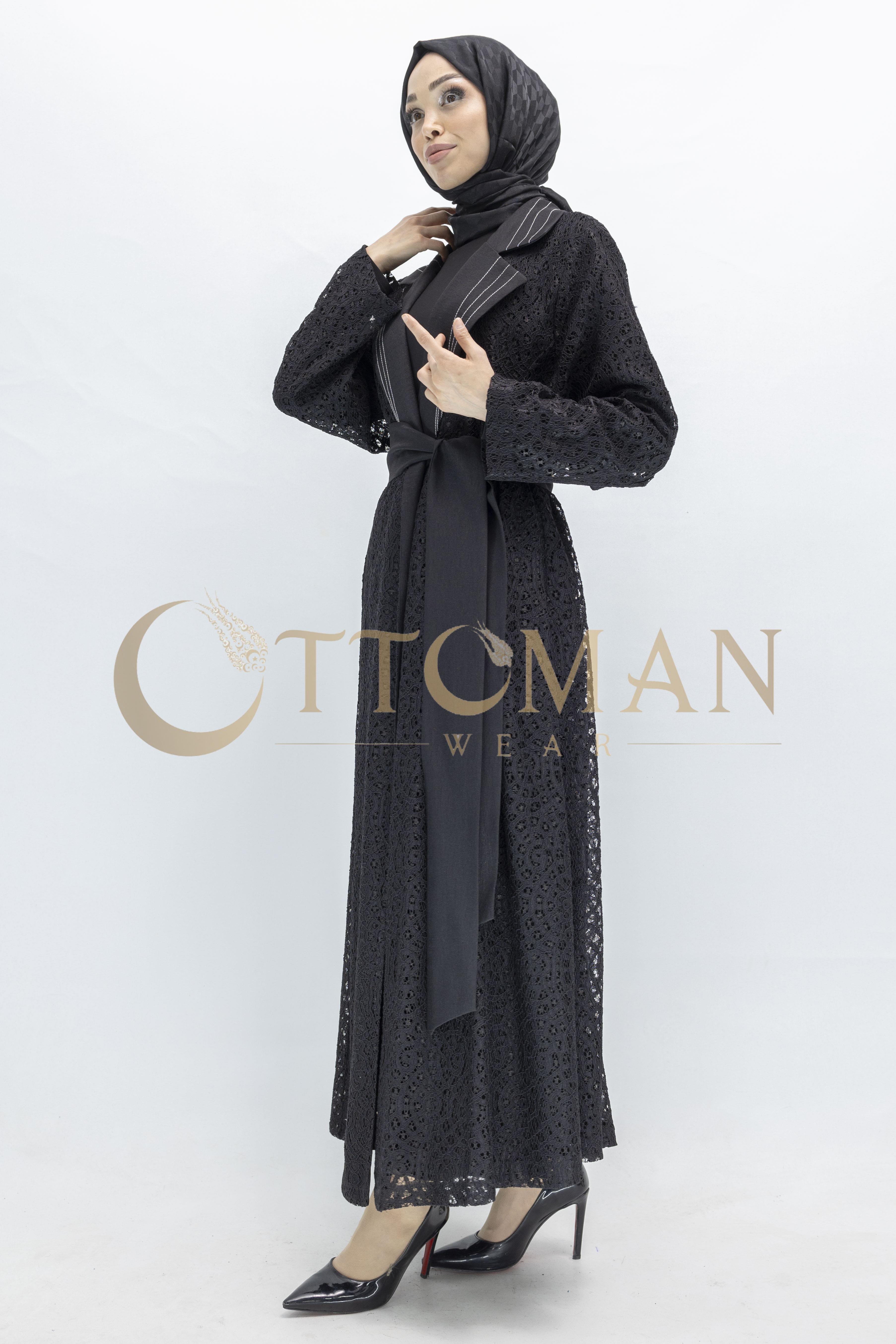 Siyah Büyük Beden Kuşaklı Dantel  Abaya Siyah OTW42926