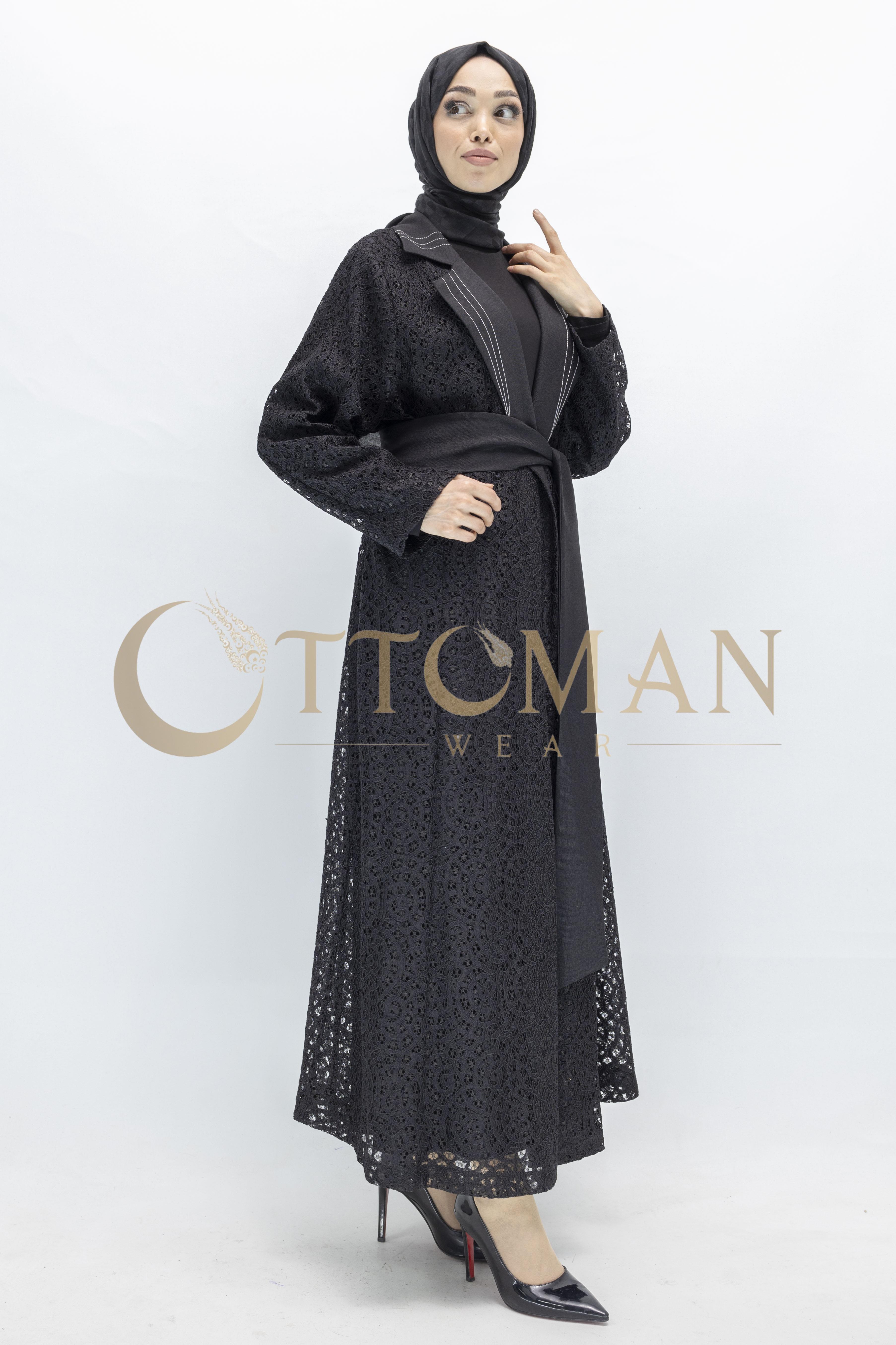 Siyah Büyük Beden Kuşaklı Dantel  Abaya Siyah OTW42926