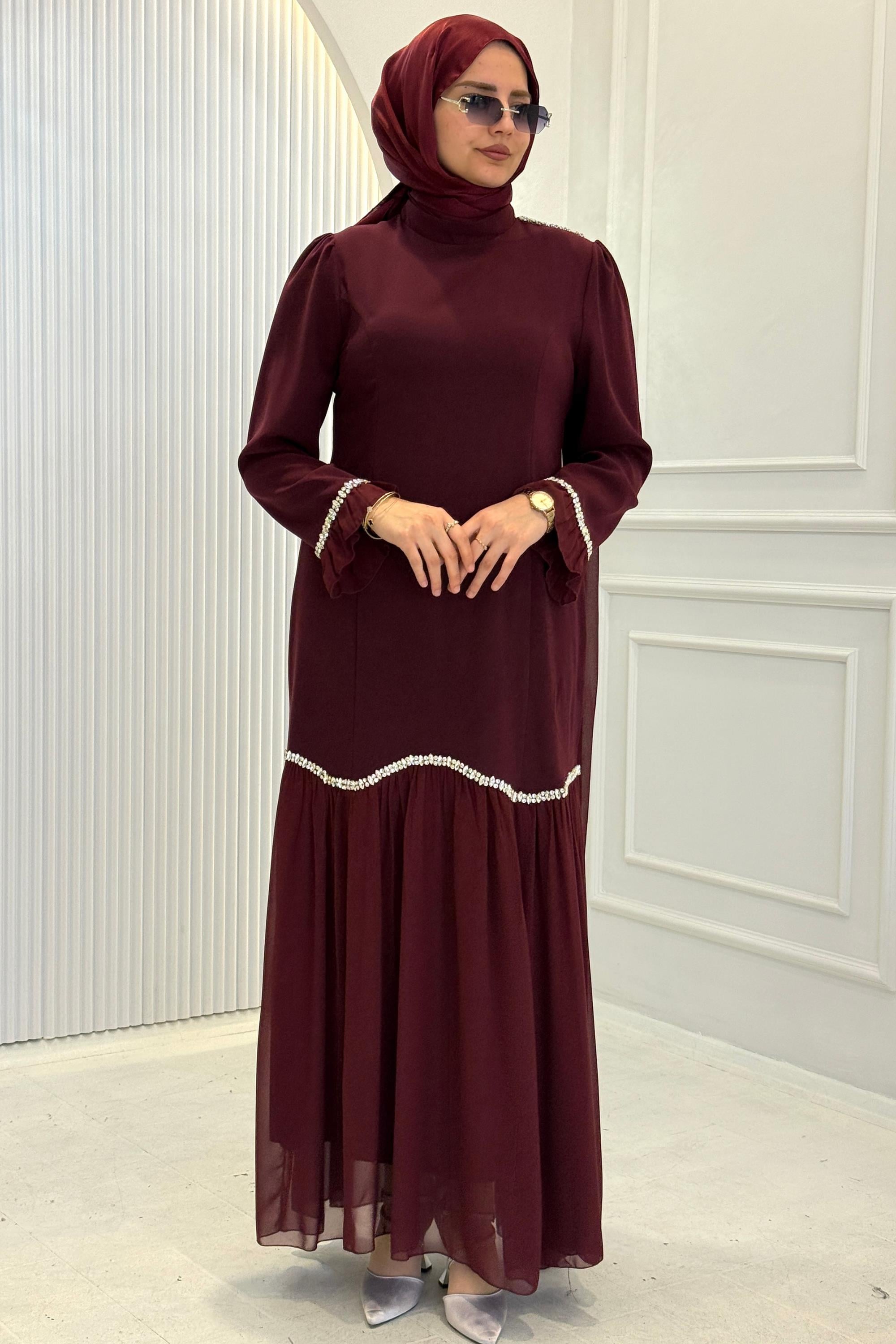 Taş Biyeli Şifon Pileli Janjan Abiye Elbise Bordo OTW4858