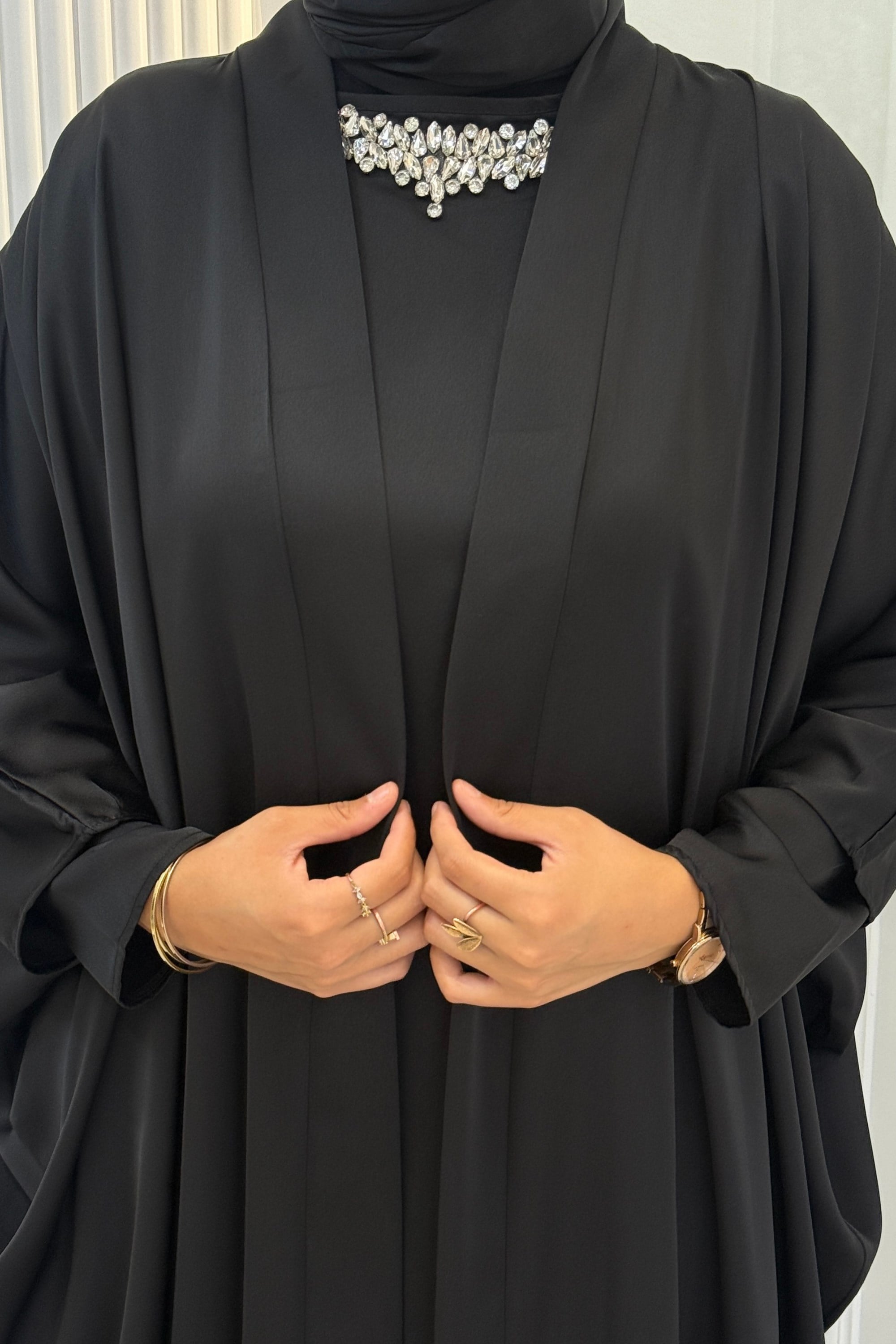 Taş Detaylı İç Elbiseli Tesettür Abaya Takım Siyah OTW9785
