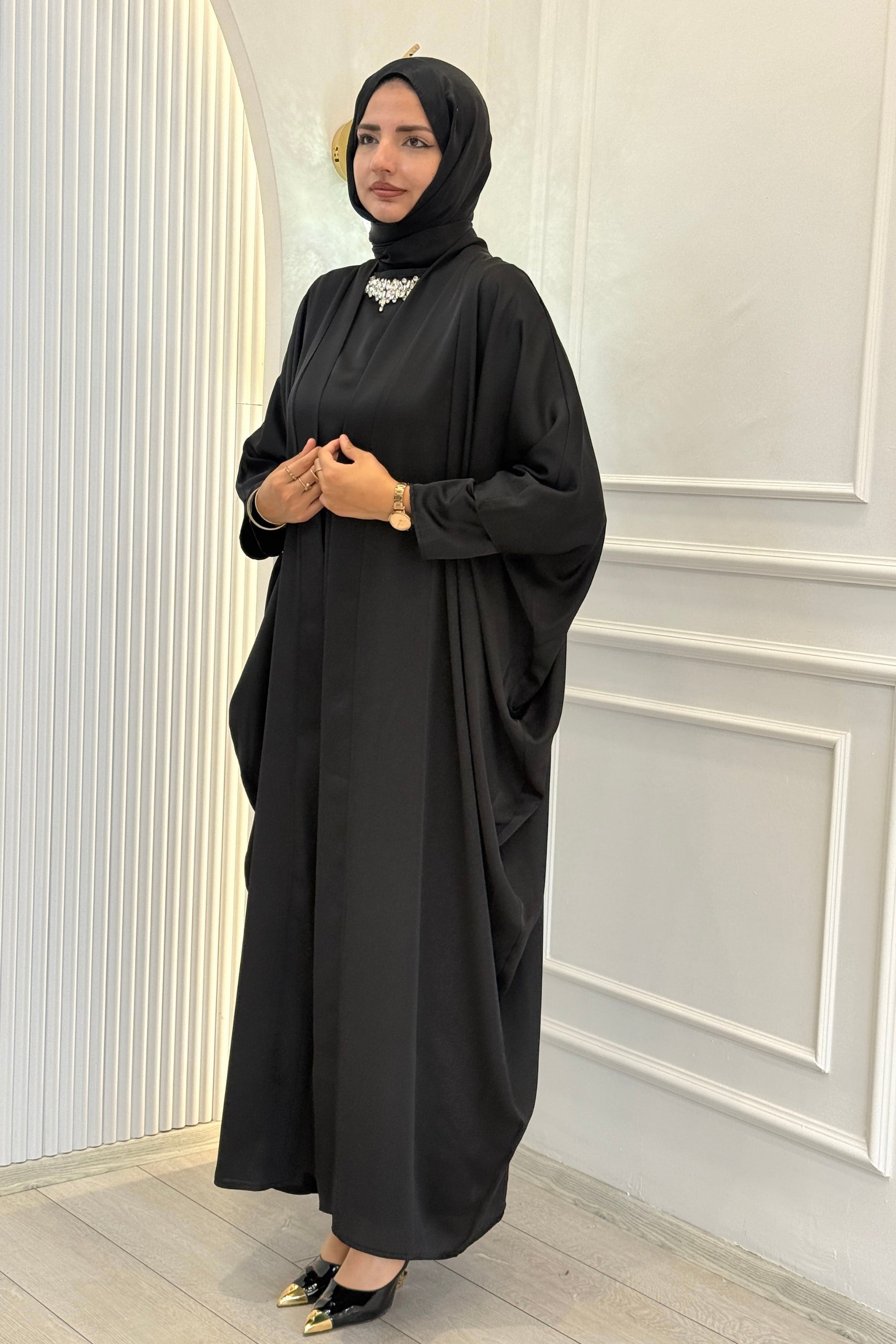 Taş Detaylı İç Elbiseli Tesettür Abaya Takım Siyah OTW9785