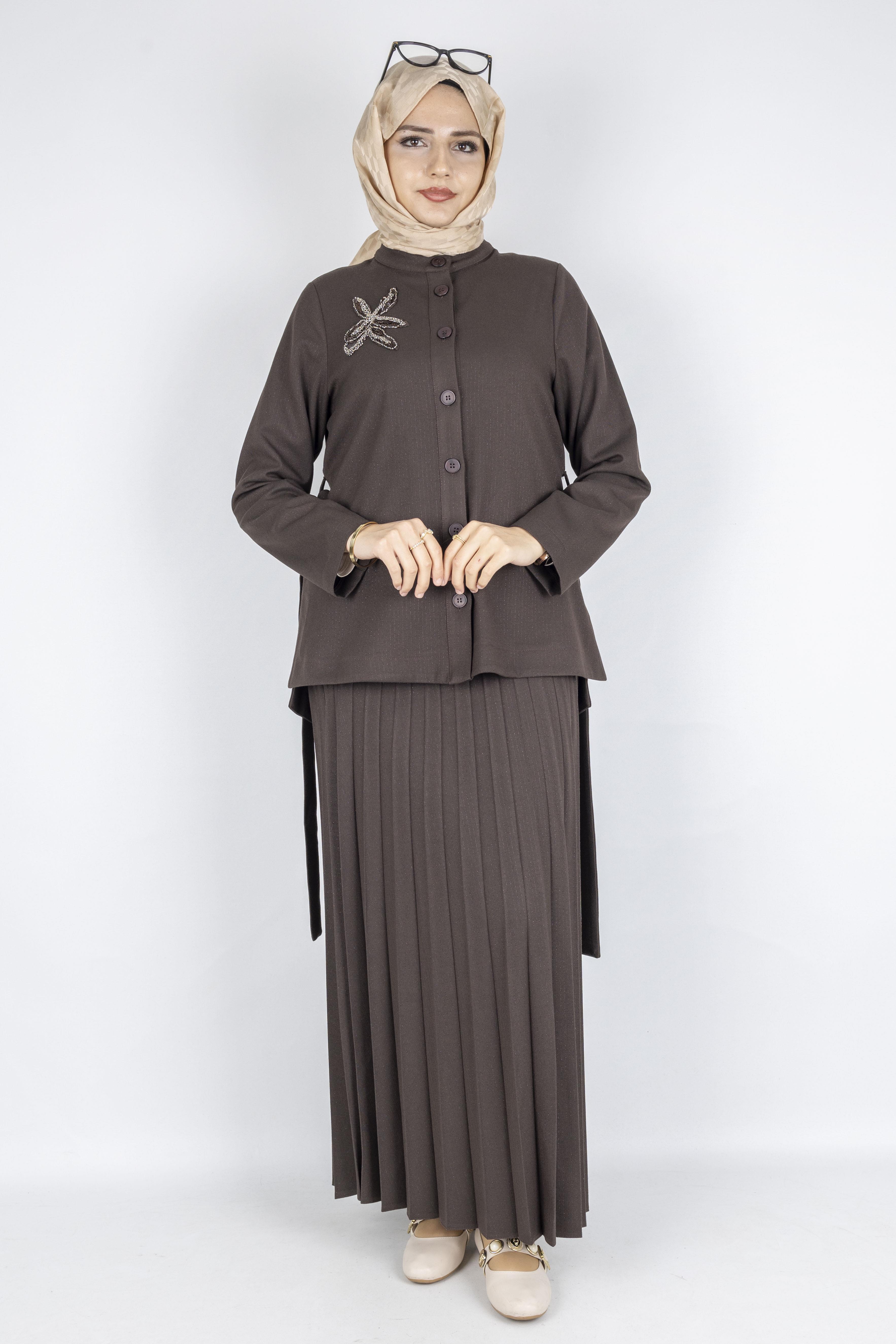 Taş Detaylı Pliseli Tesettür Takım Kahve OTW25556