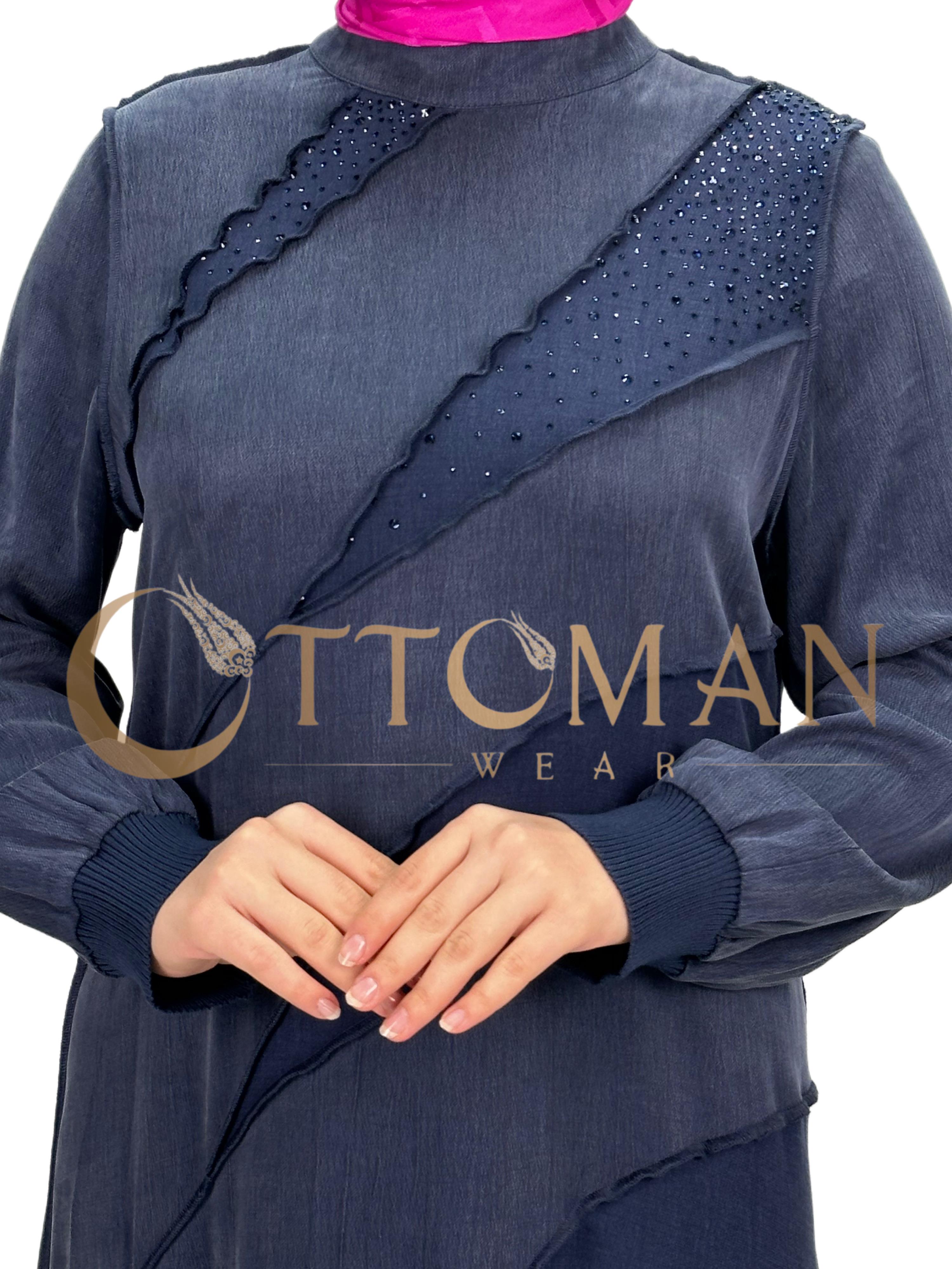 Taş Detaylı Qupra Kumaş  Elbise Lacivert OTW43304