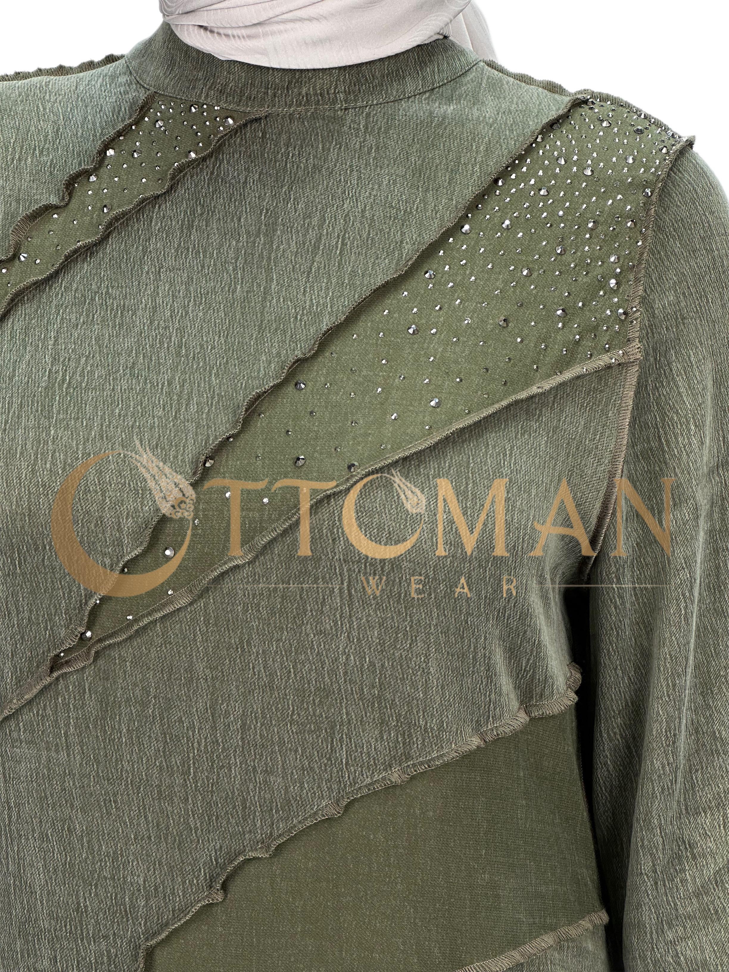 Taş Detaylı Qupra Kumaş  Elbise Yeşil OTW43304