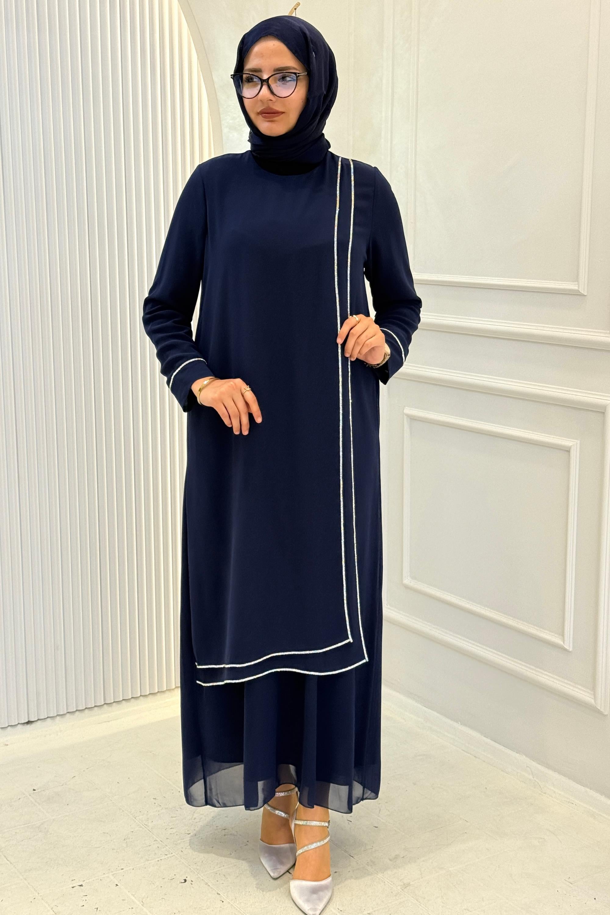 Taş Detaylı Şifon Abiye Elbise Lacivert OTW4874