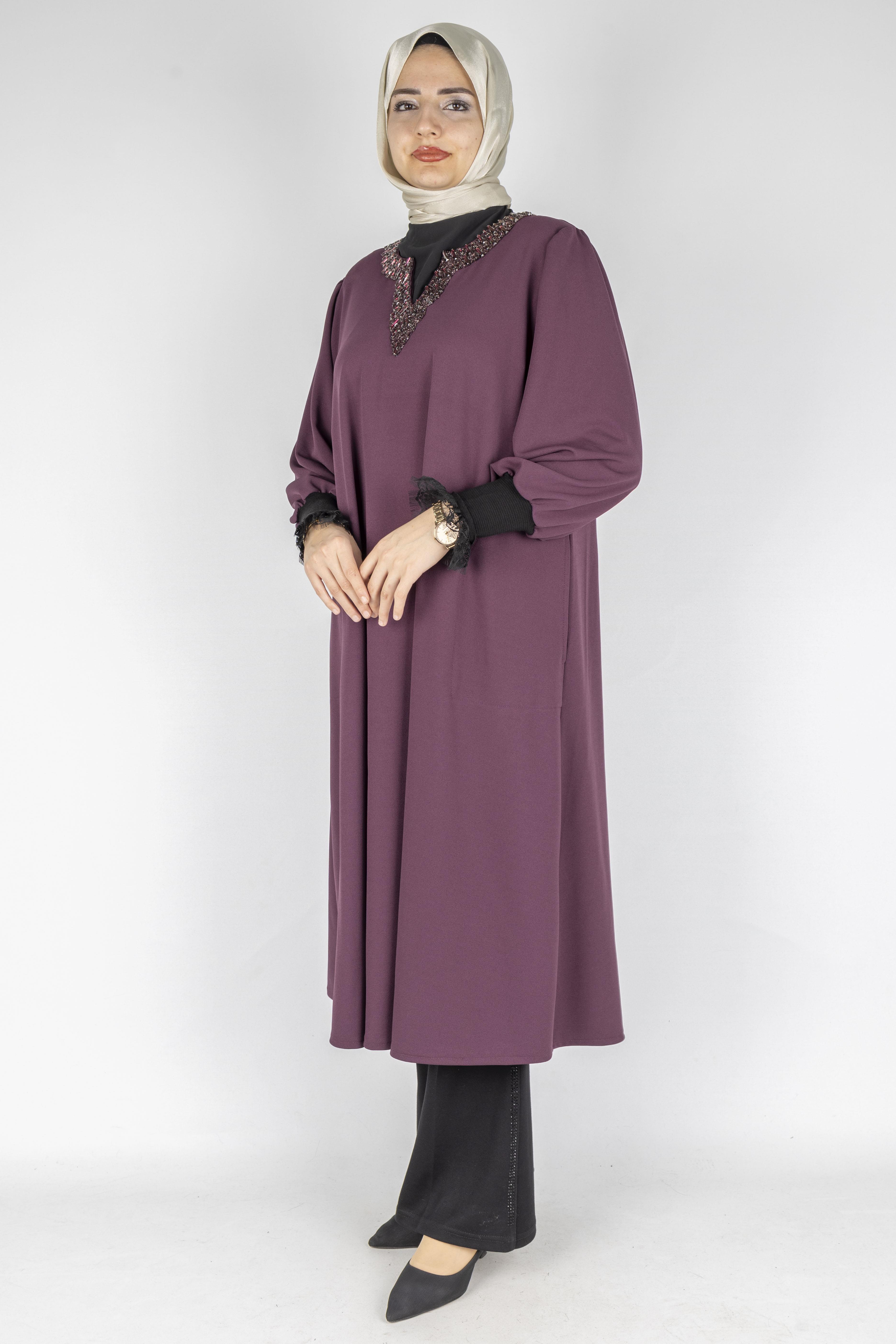 Taş Detaylı Şık Tesettür Tunik Mürdüm OTW2874