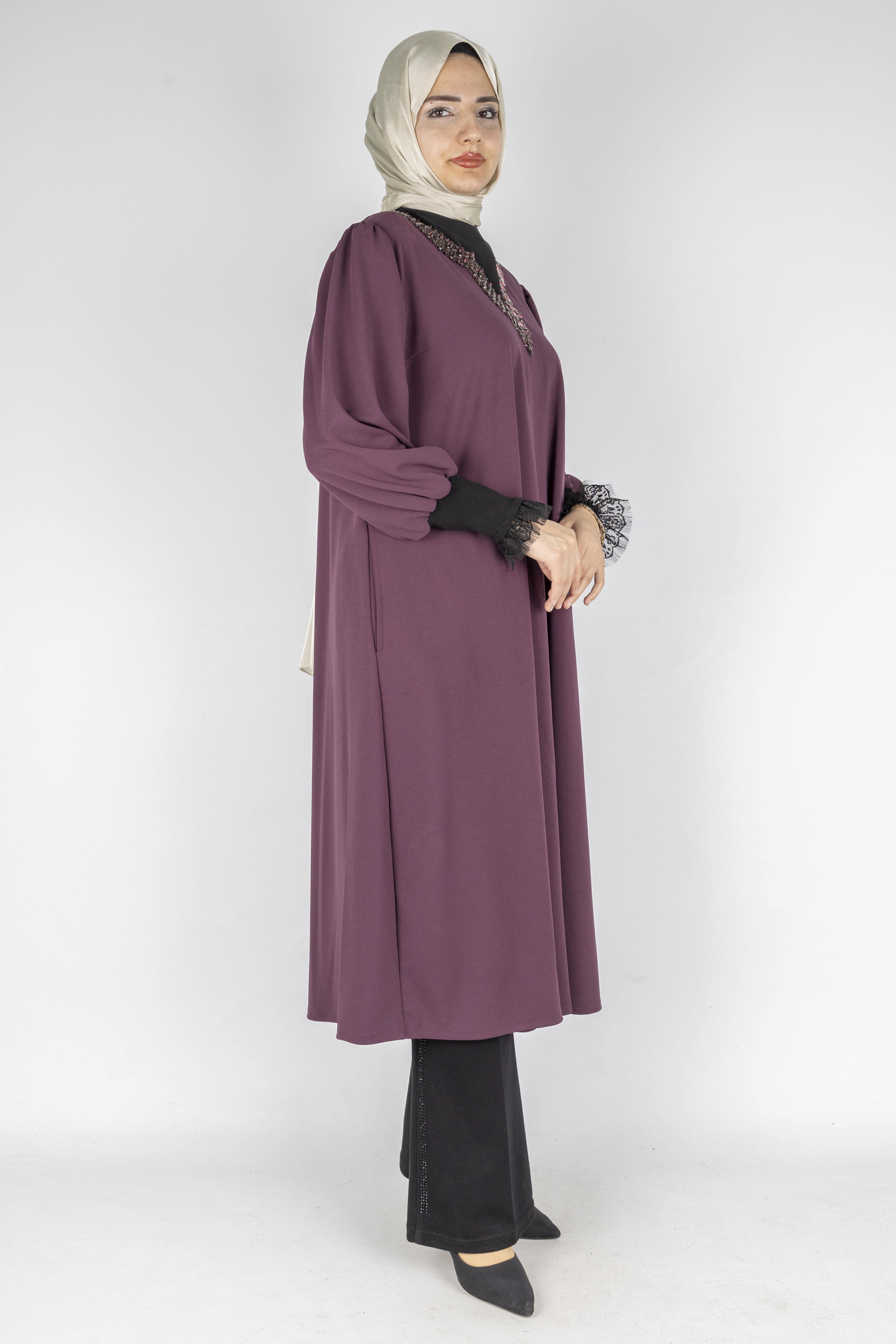 Taş Detaylı Şık Tesettür Tunik Mürdüm OTW2874