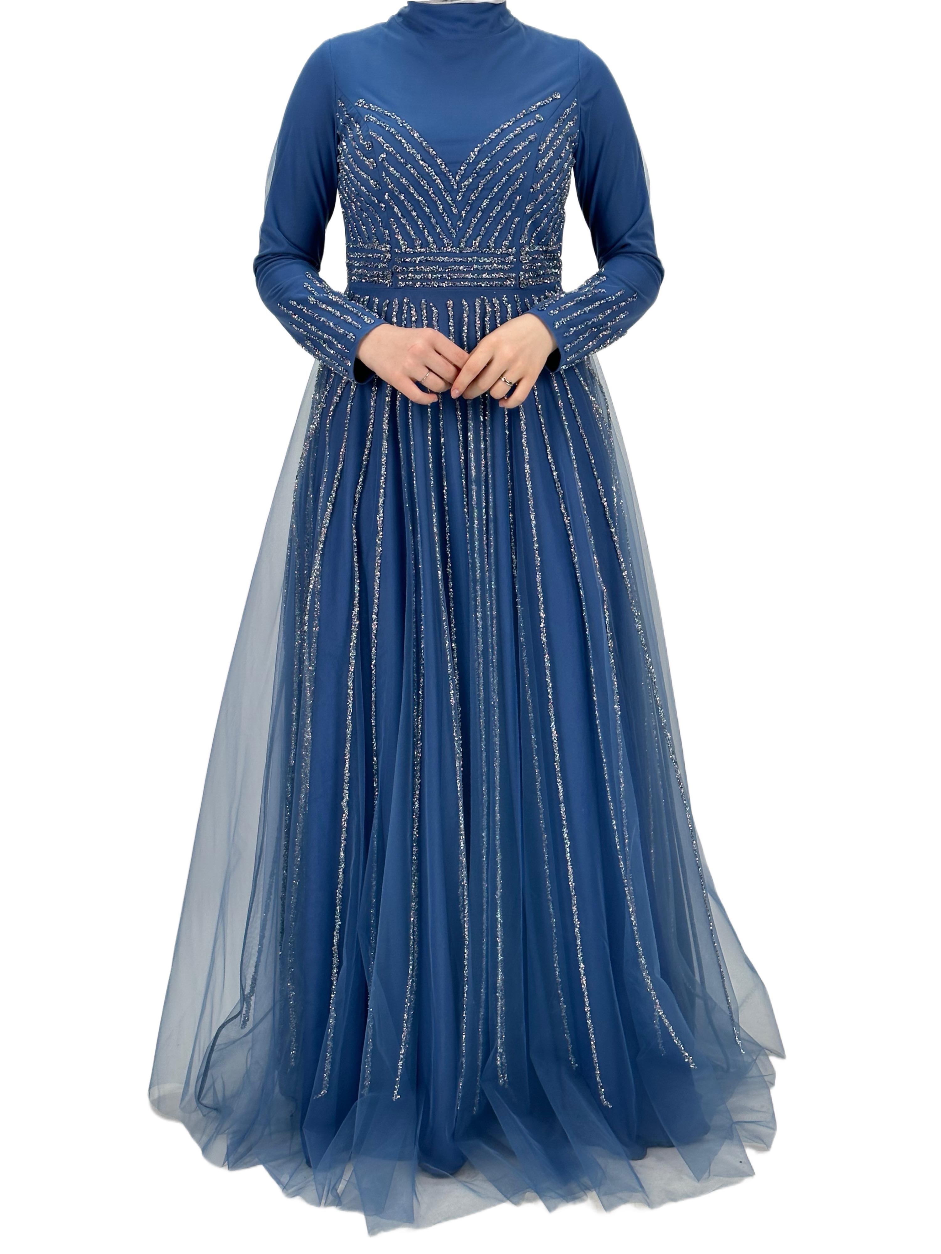 Taş İşlemeli Abiye Elbise İndigo OTW4615