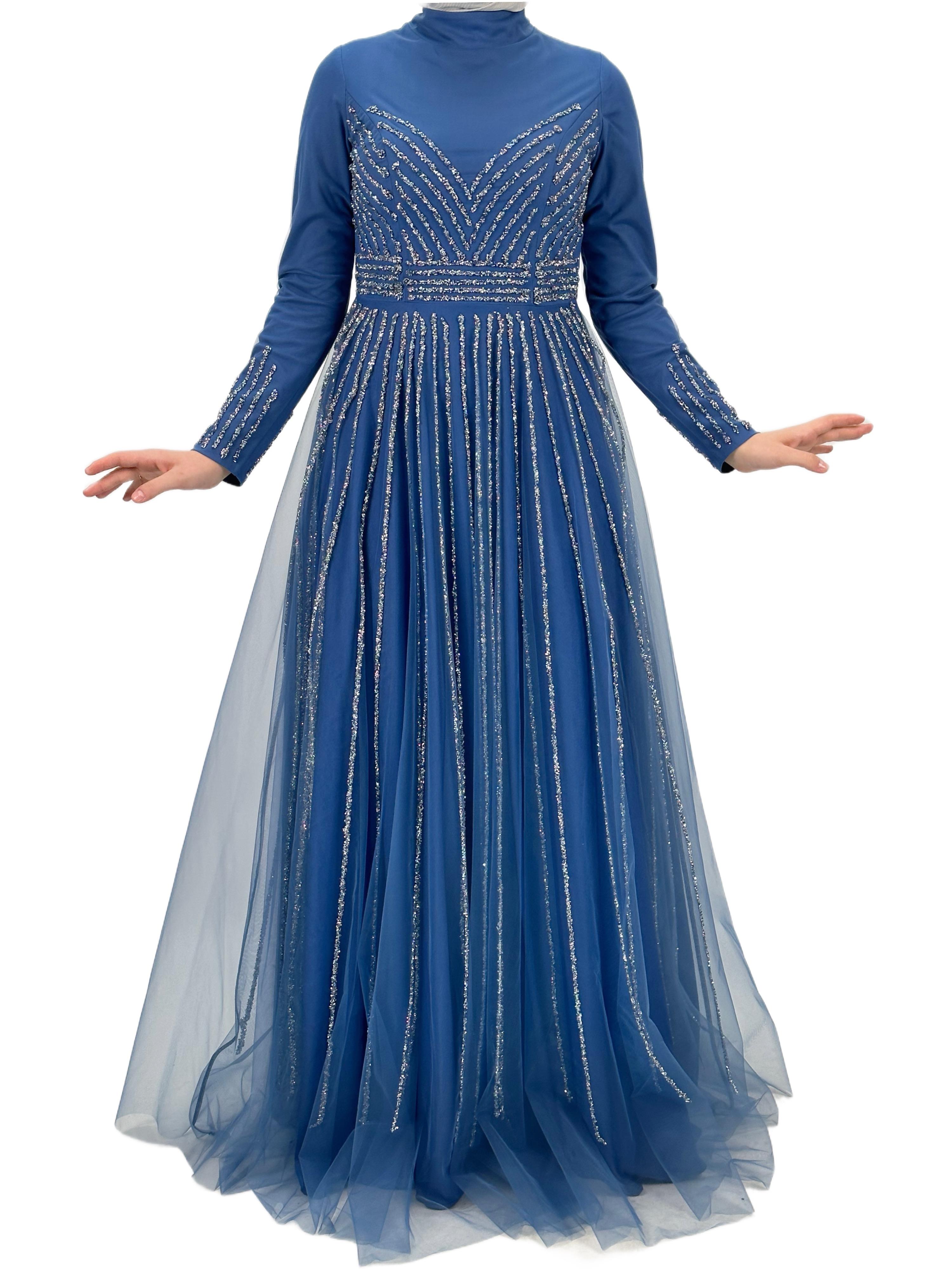 Taş İşlemeli Abiye Elbise İndigo OTW4615