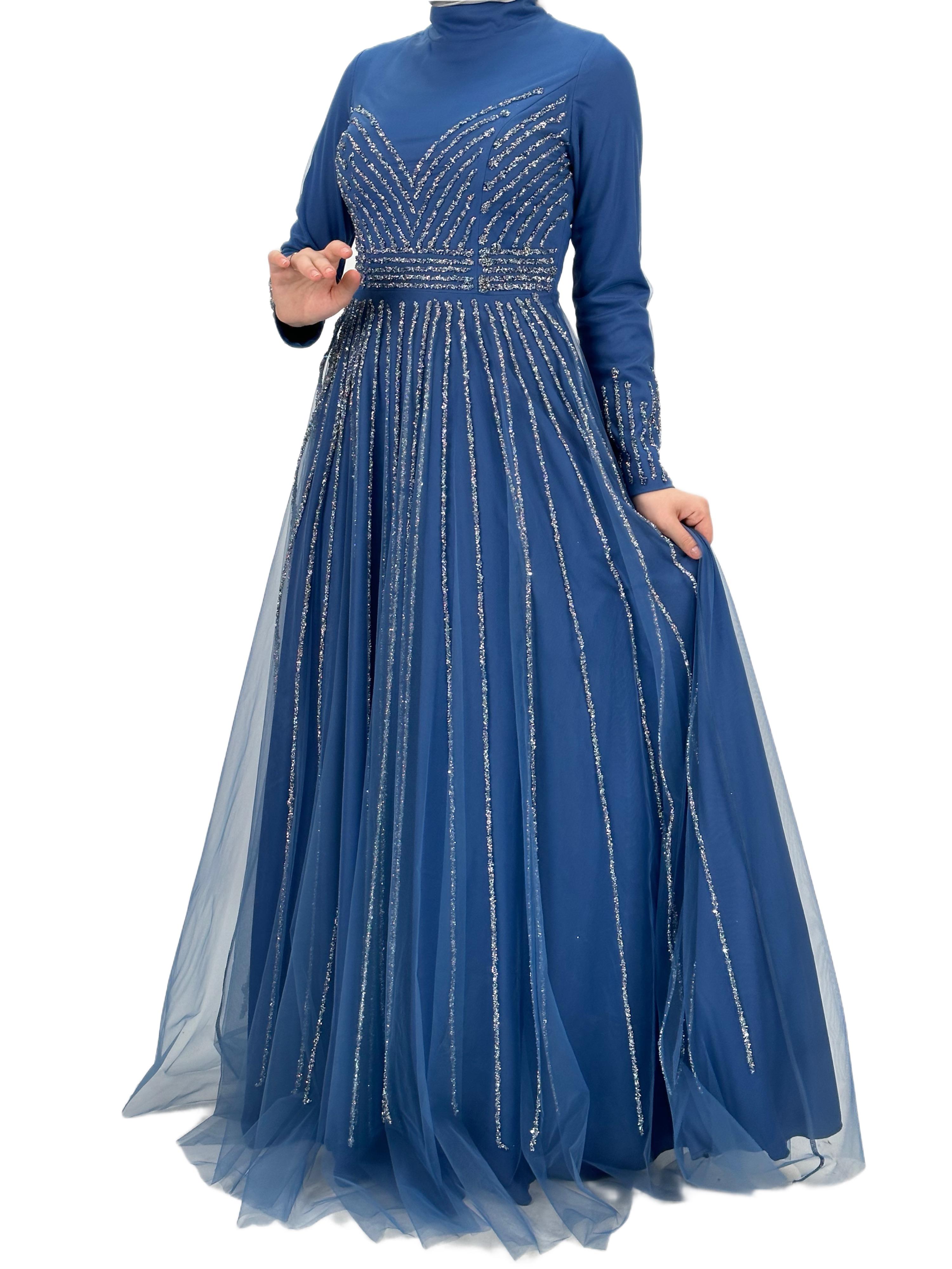 Taş İşlemeli Abiye Elbise İndigo OTW4615