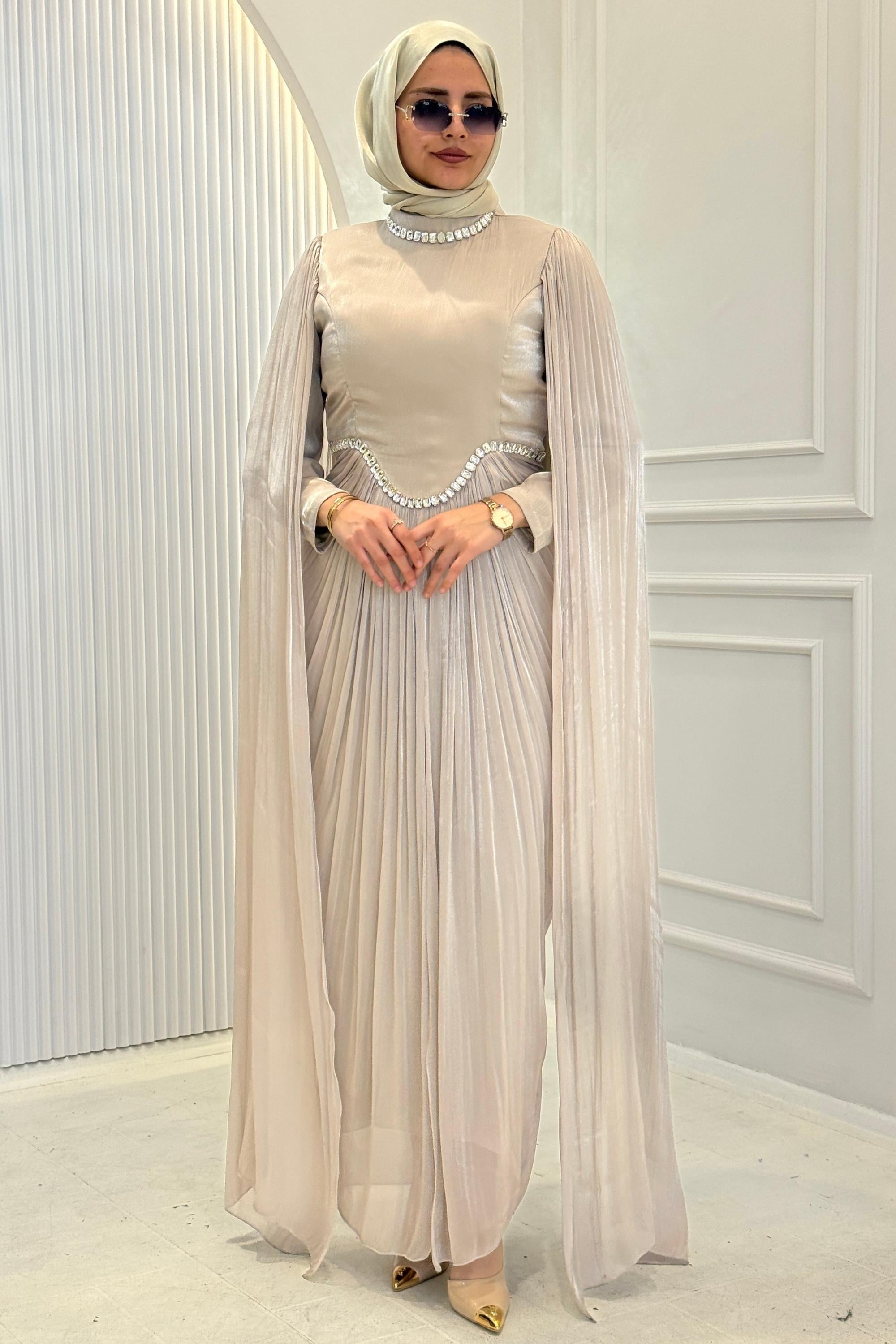 Taş İşlemeli Pelerin Kol Janjan Abiye Bej OTW4817