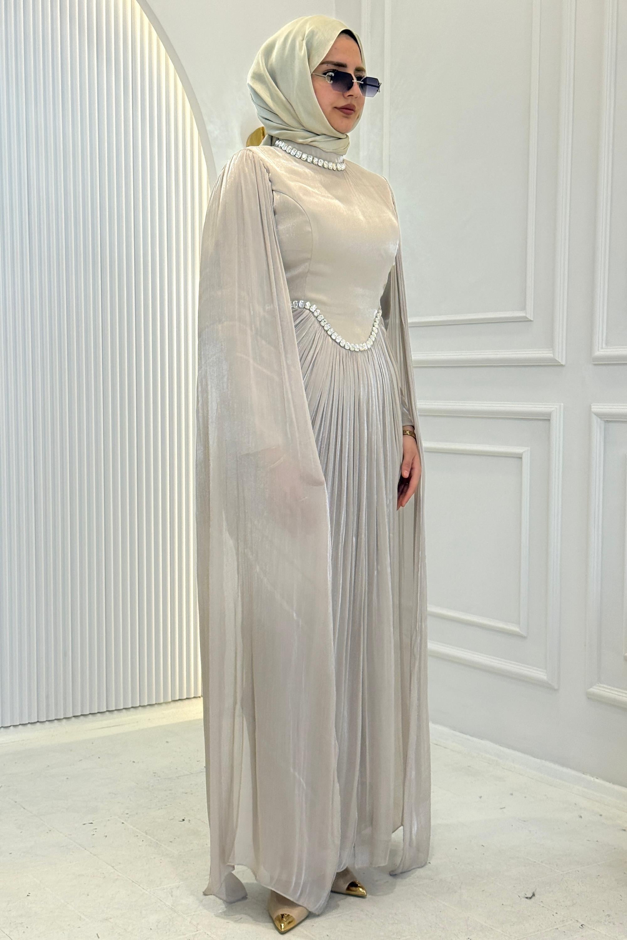 Taş İşlemeli Pelerin Kol Janjan Abiye Bej OTW4817