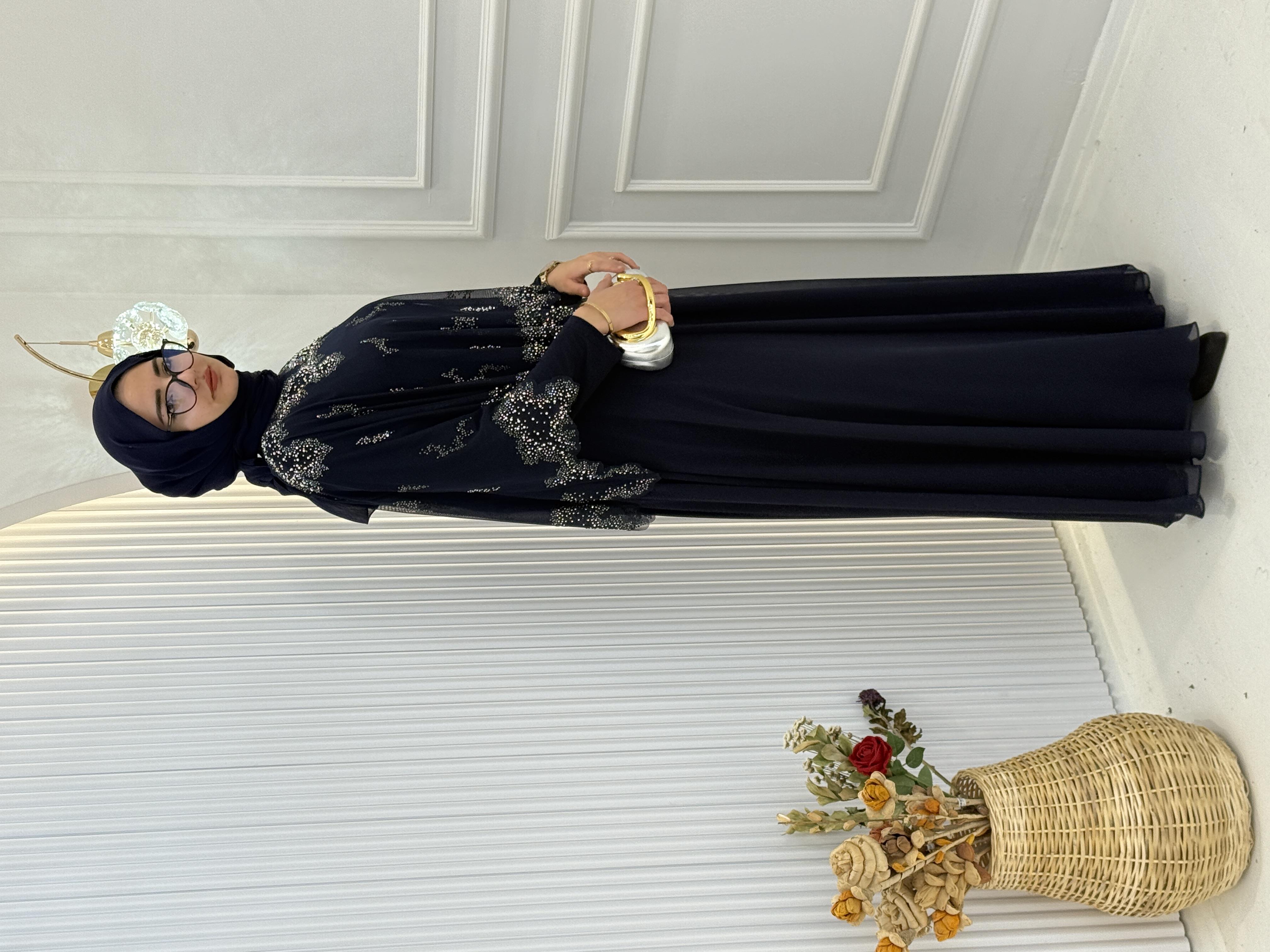 Taş İşlemeli Pelerinli Büyük Beden Abiye Elbise Lacivert OTW2528