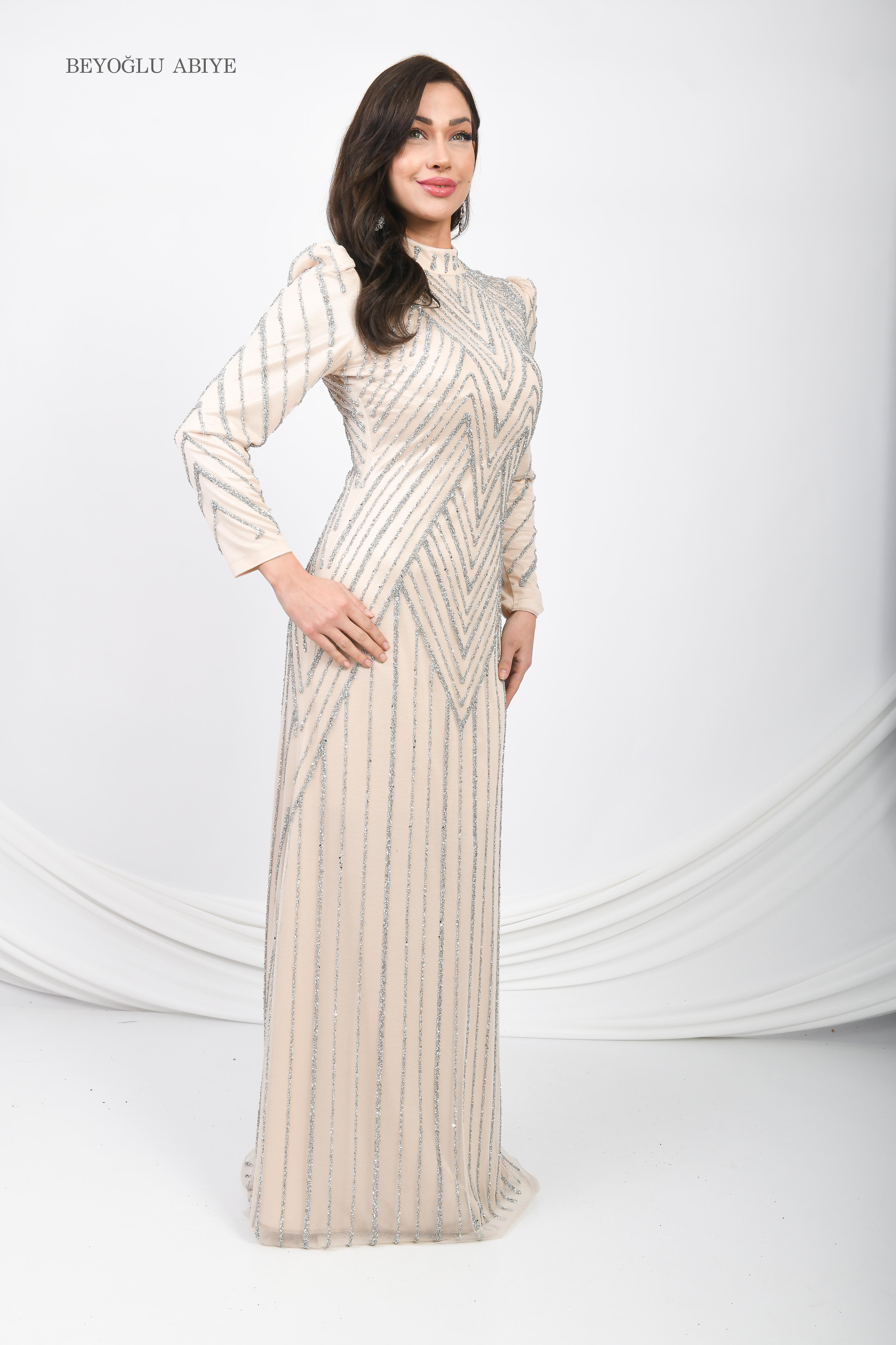 Taş İşlemeli Simli Uzun Abiye Lacivert OTW5101