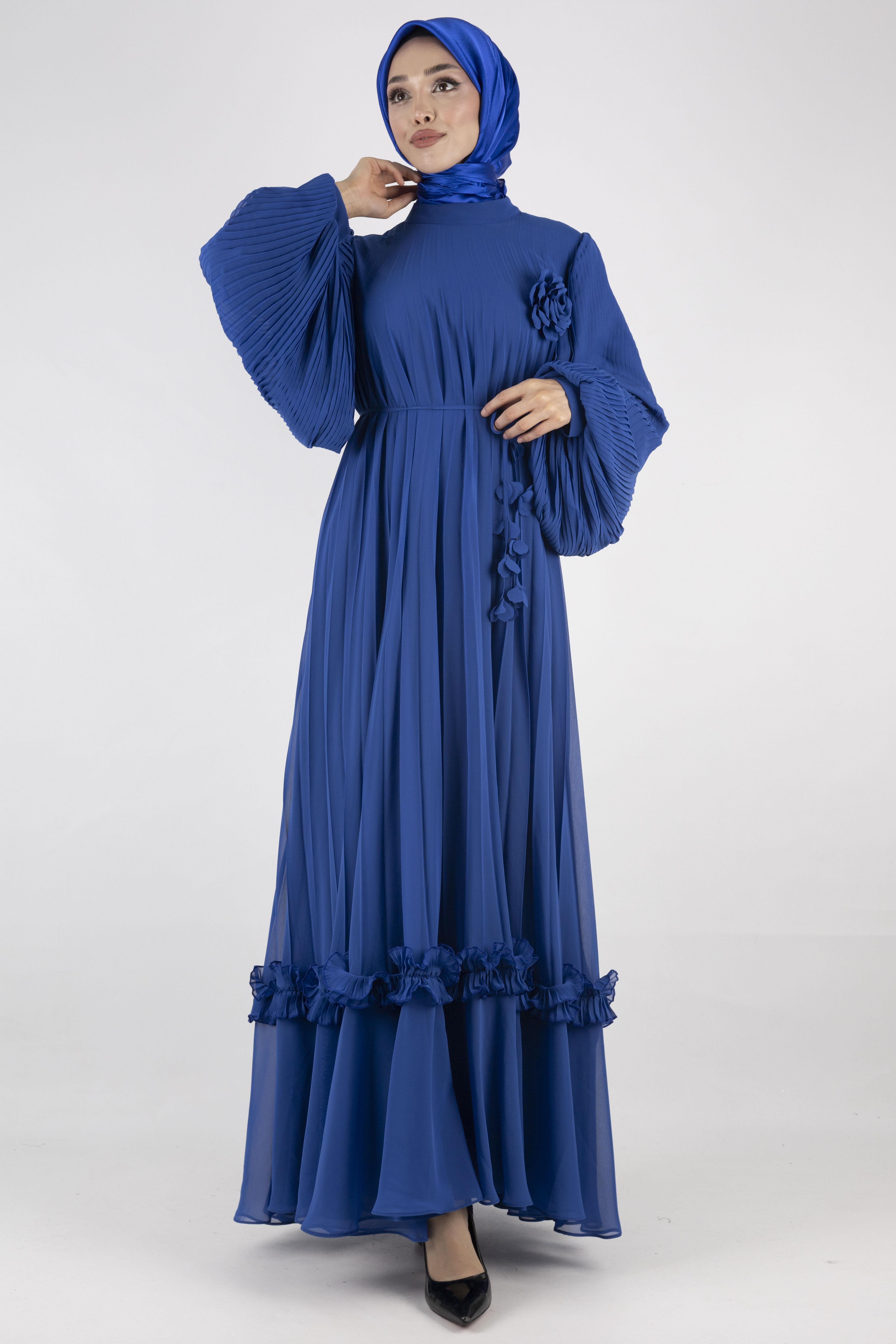 TASARIM BÜYÜK BEDEN  PİLİSELİ ŞİFON ELBİSE Saks OTW44136