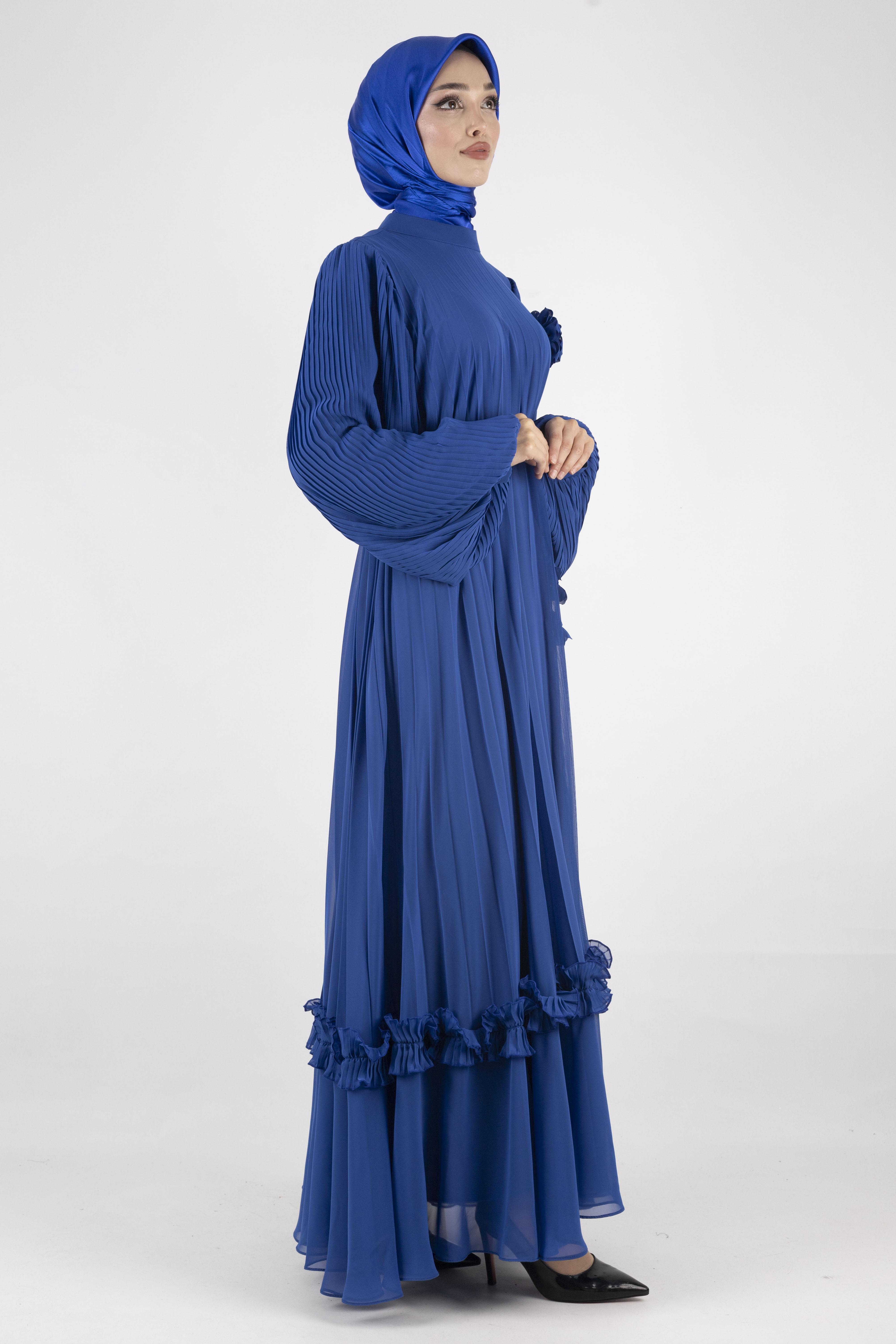 TASARIM BÜYÜK BEDEN  PİLİSELİ ŞİFON ELBİSE Saks OTW44136