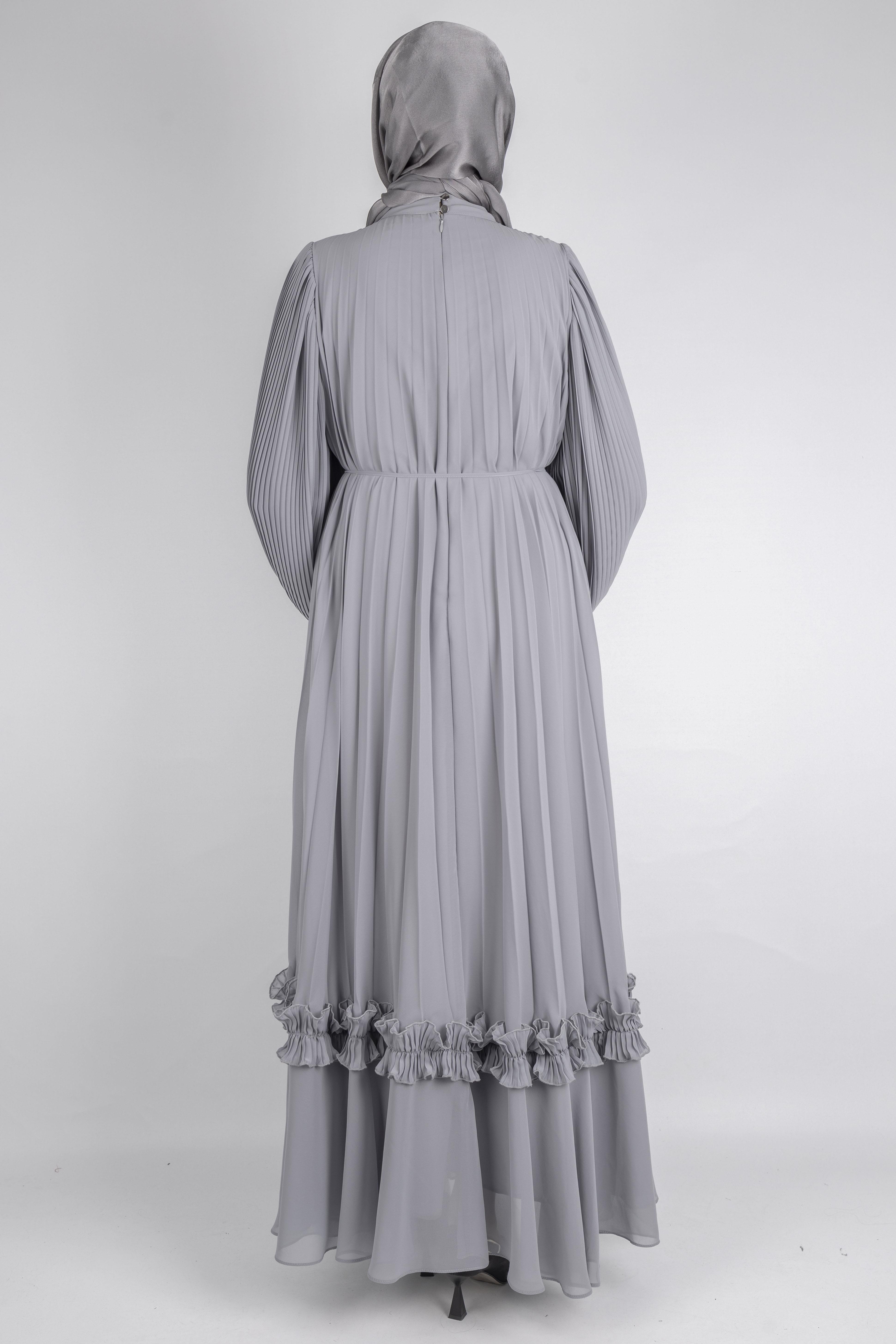 TASARIM BÜYÜK BEDEN  PİLİSELİ ŞİFON ELBİSE Gri OTW44136