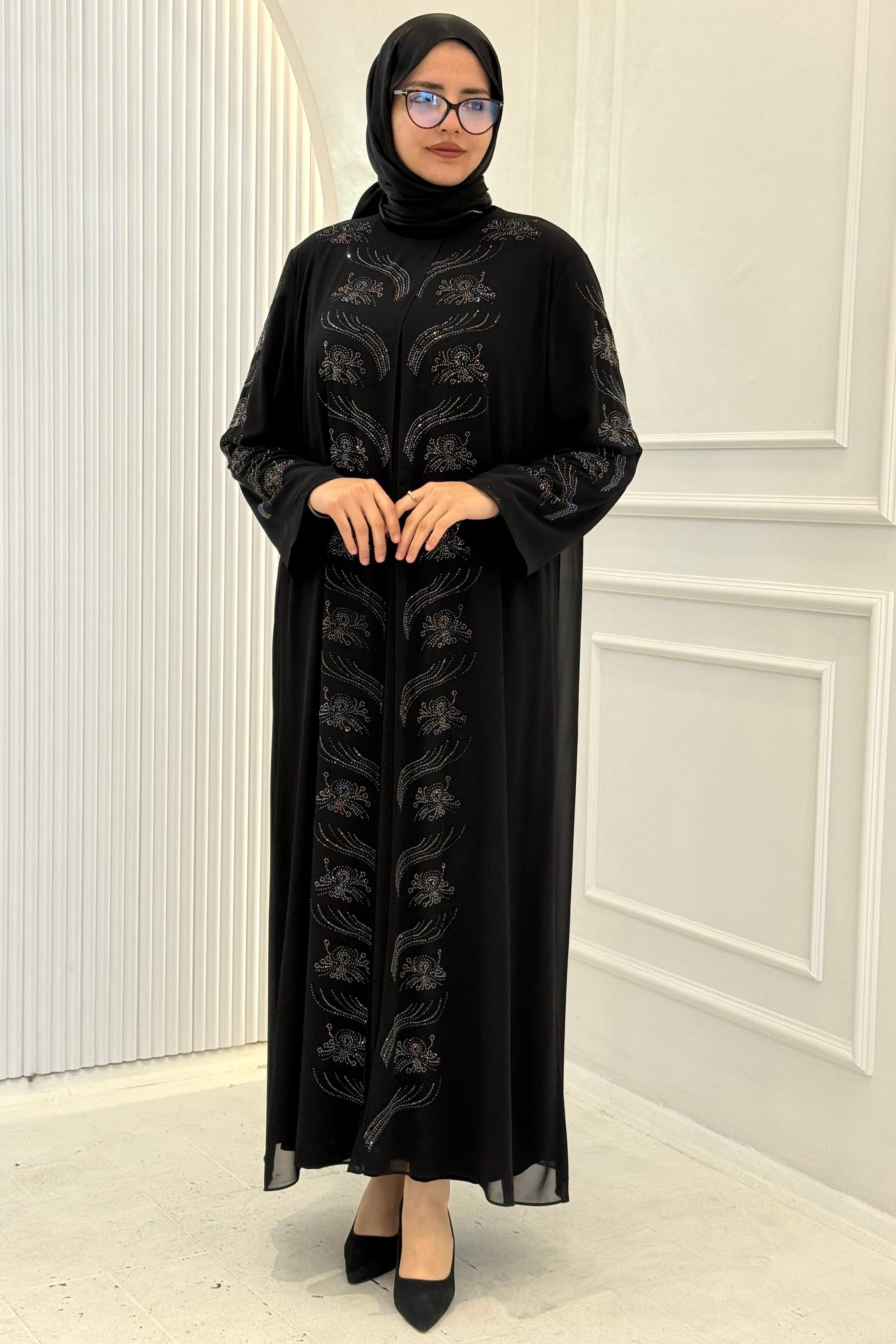 Taşlı Büyük Beden Abiye Elbise Siyah OTW1377