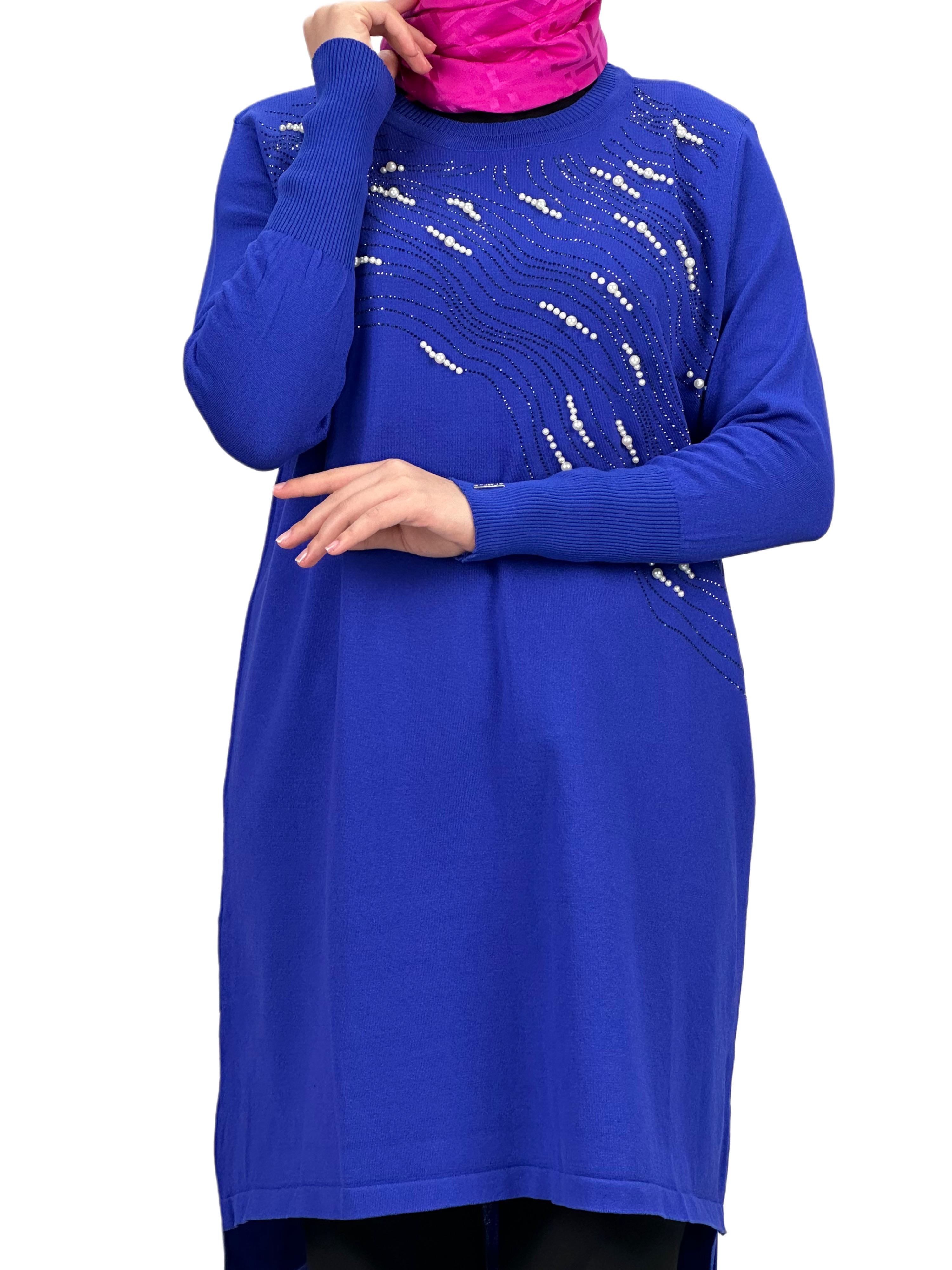 Taşlı Merserize Triko Tunik Mavi OTW121