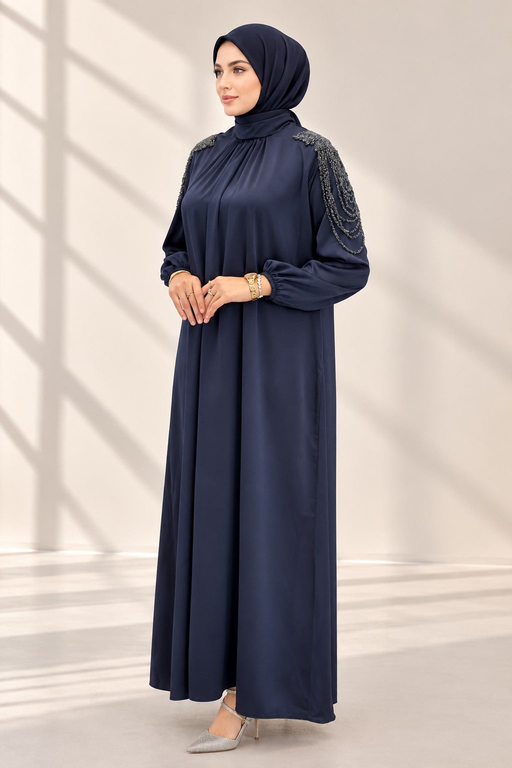 Taşlı Omuz Detaylı Abiye Elbise Lacivert OTW4980