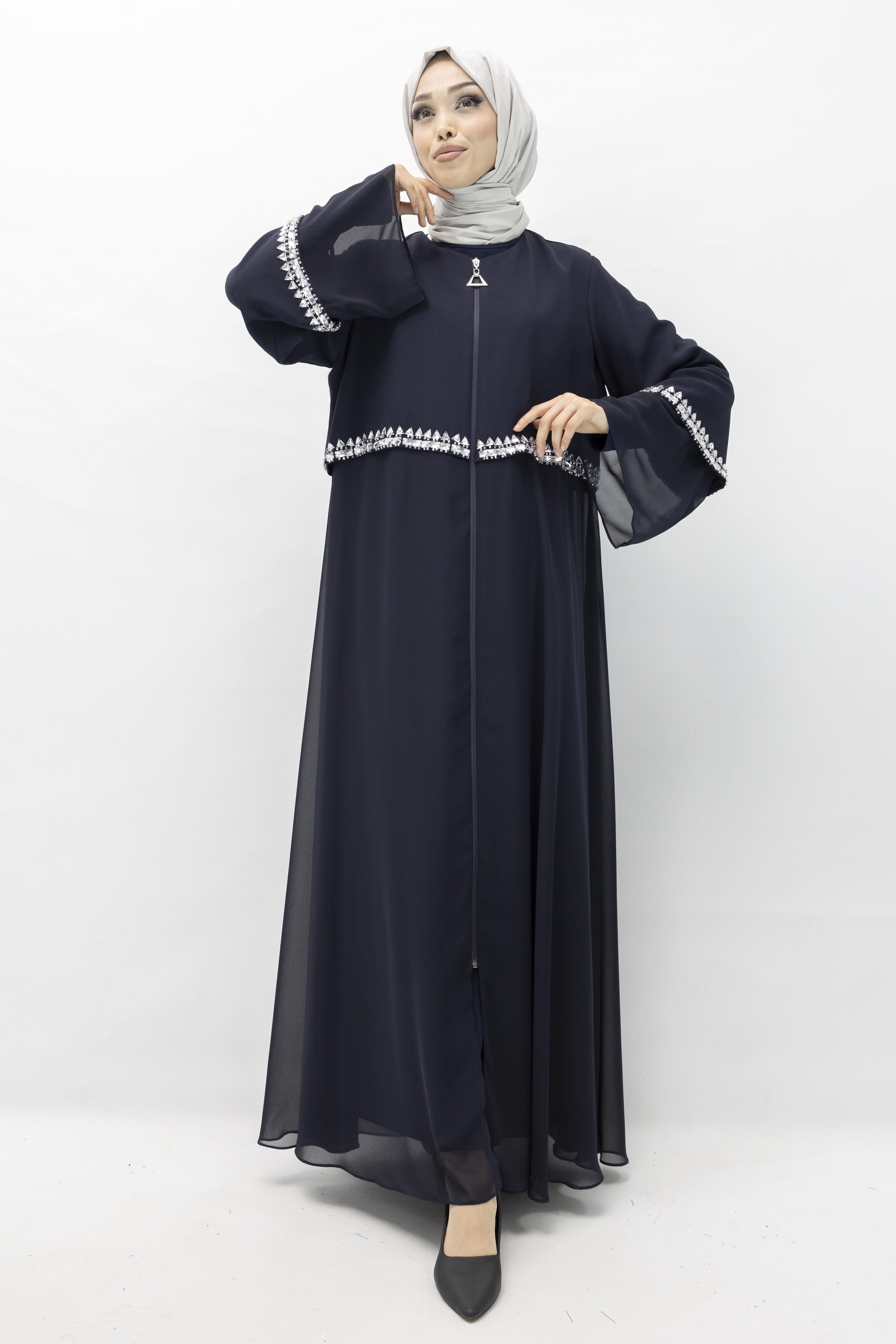 Taşlı Şifon Ferace Lacivert OTW36180