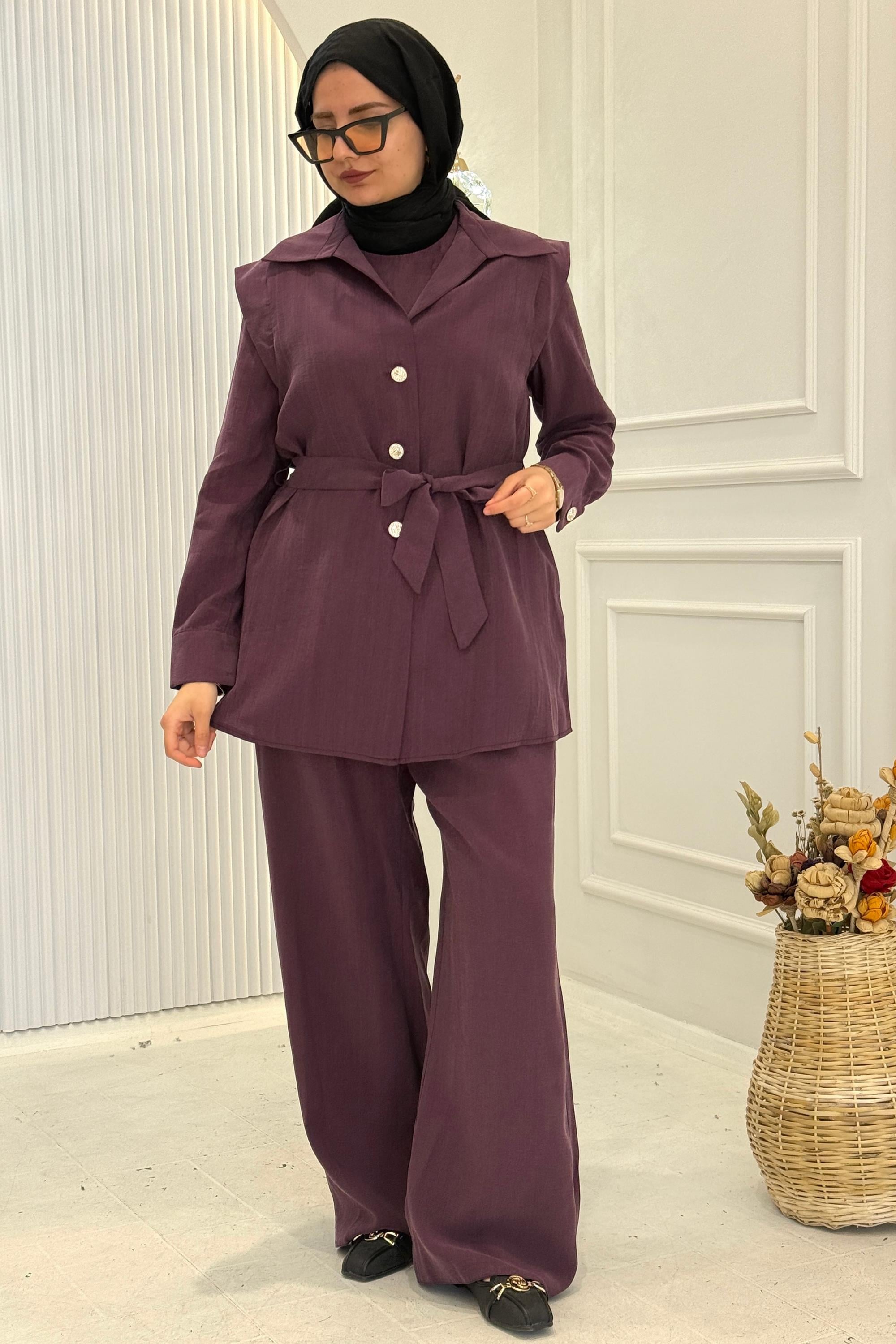 Tensel Kumaş Kuşaklı Üçlü Takım Mürdüm OTW8608