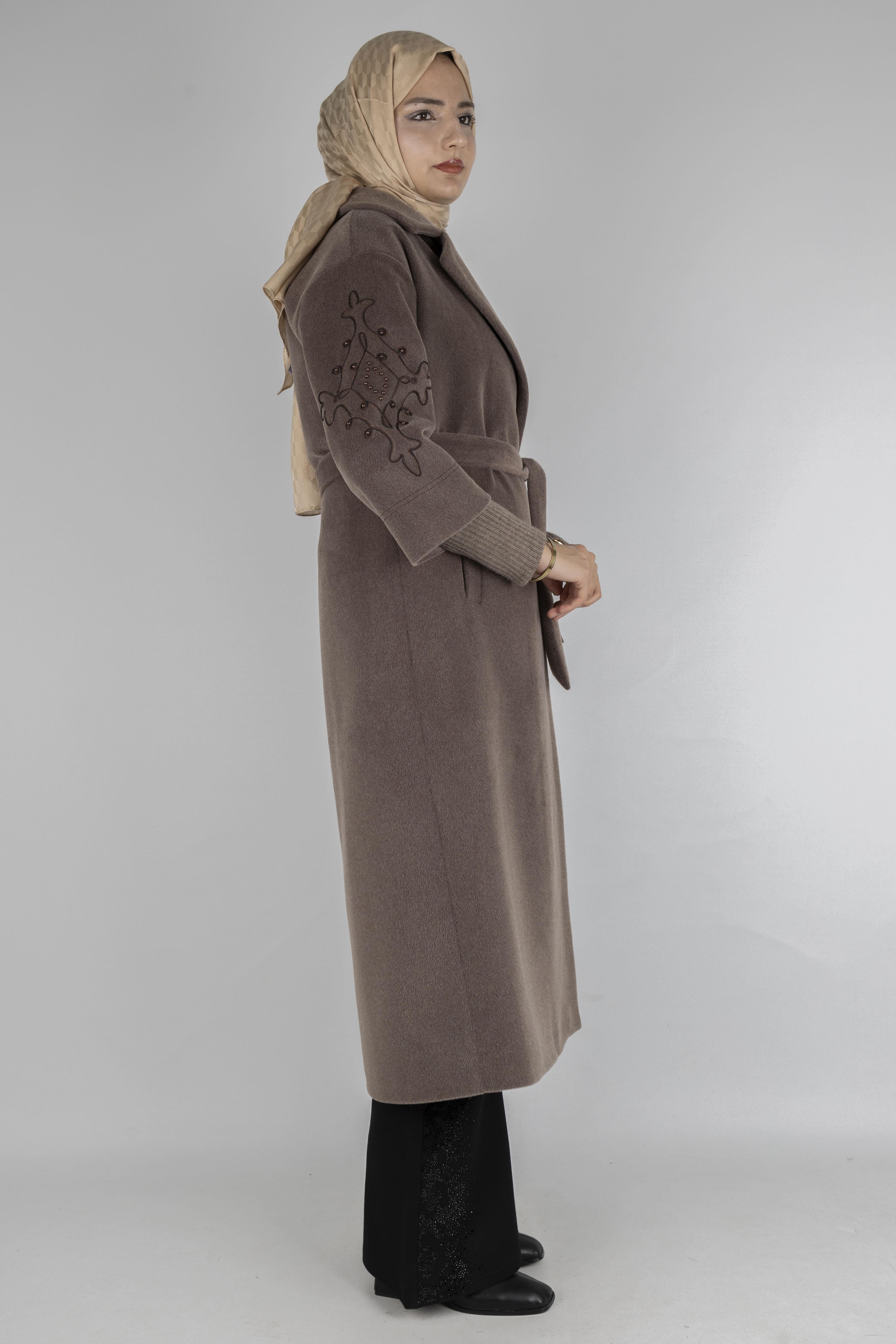 Triko Ribanalı Kolları İşlemeli Angora Kaban Kahve OTW3380